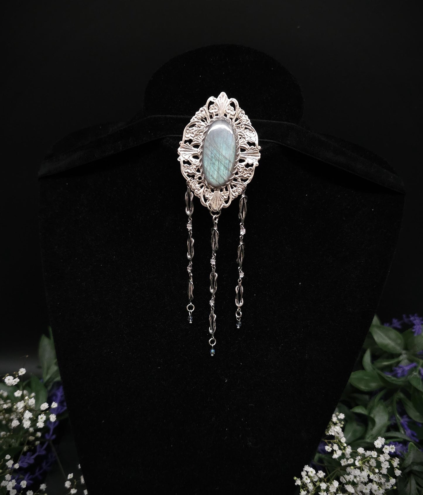 Jugendstil Brosche mit Labradorit ~ Zirkonia & Edelstahl-Ketten ~ Kostüm Accessoire