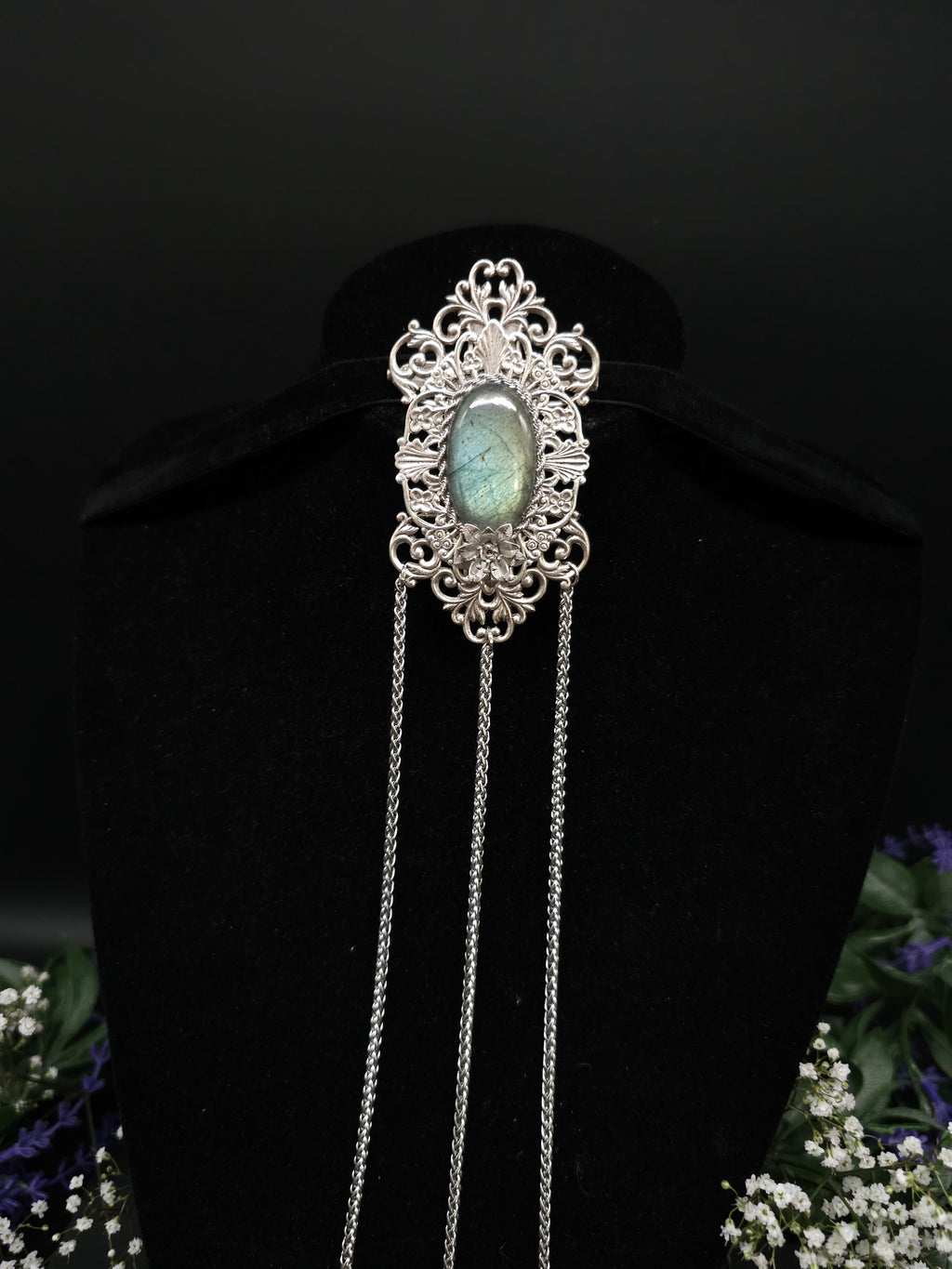 Art Nouveau Labradorite Brooch: Sage Turquoise, Gothic Fantasy Accessory