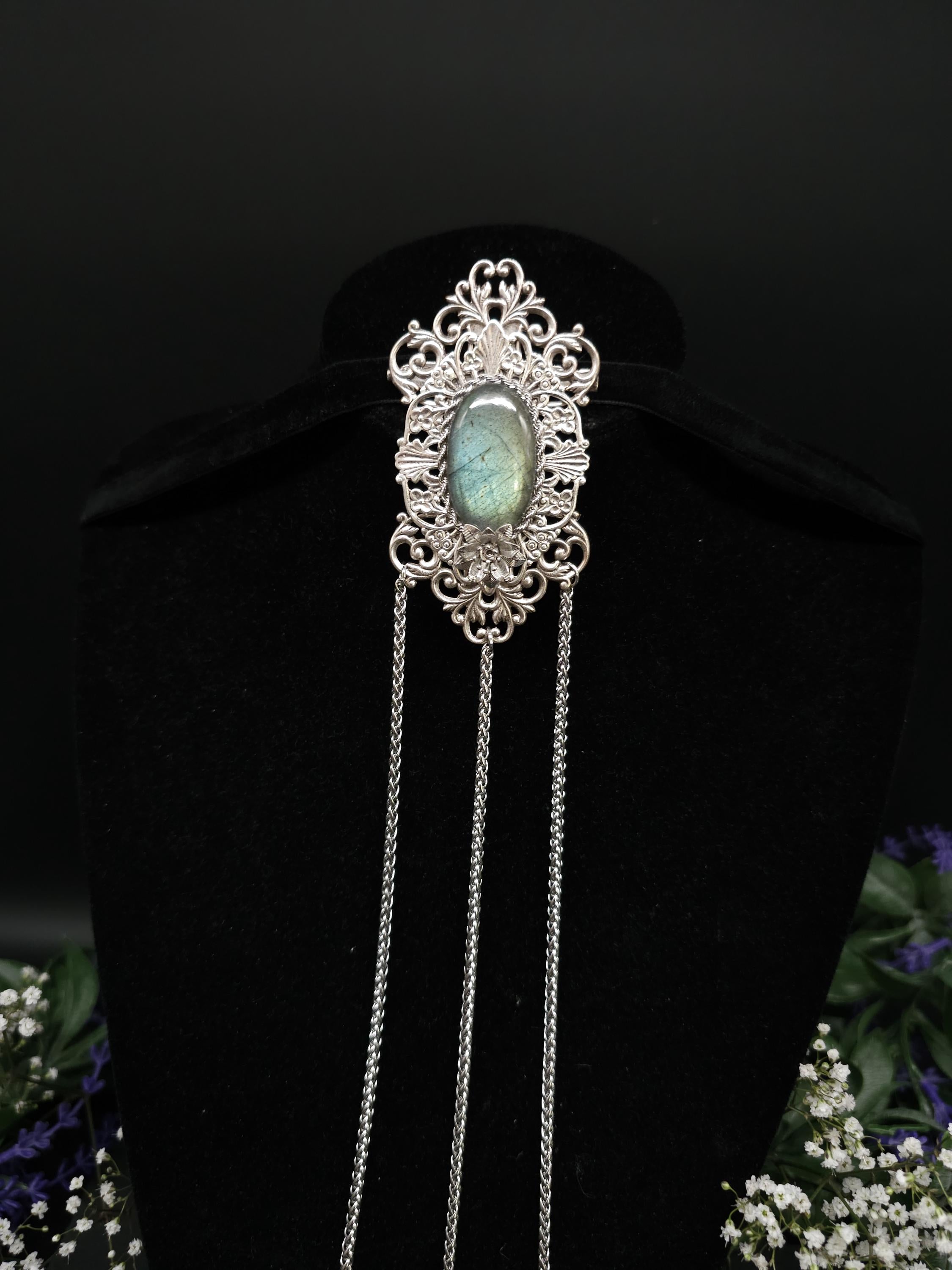 Art Nouveau Labradorite Brooch: Sage Turquoise, Gothic Fantasy Accessory