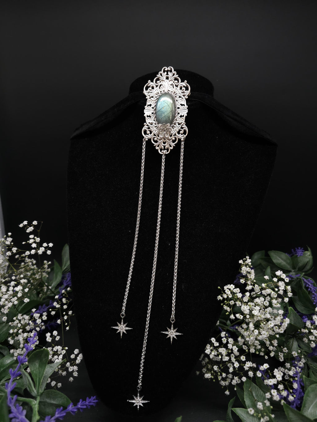 Art Nouveau Labradorite Brooch: Sage Turquoise, Gothic Fantasy Accessory