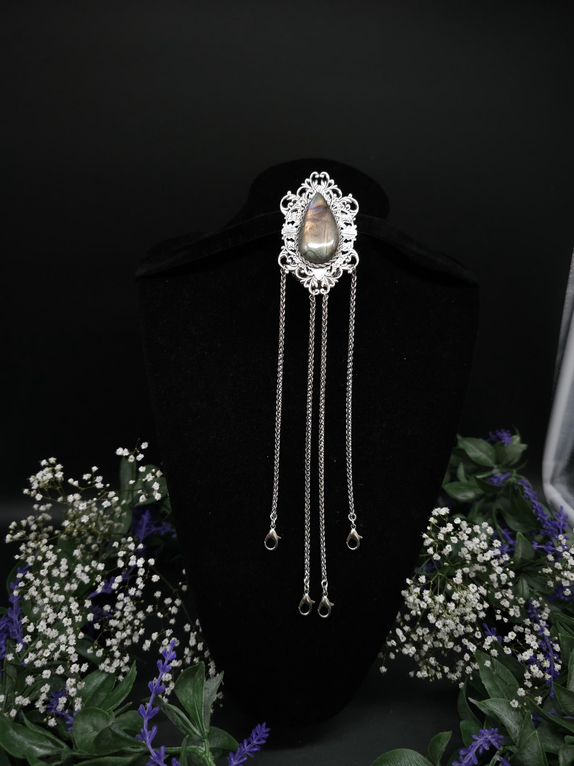 Art Nouveau Labradorite Châtelaine Clip: Handmade Costume Accessory