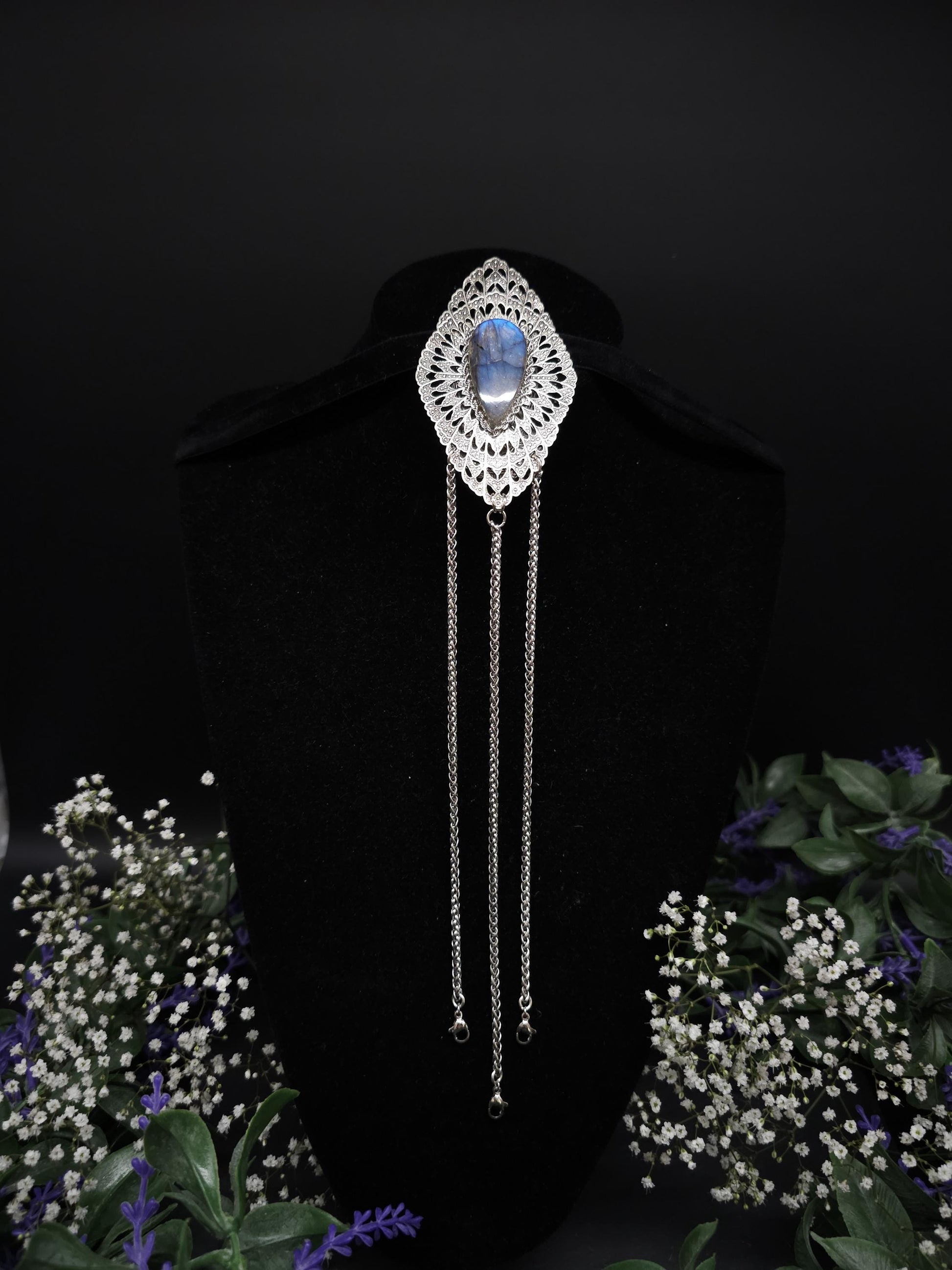 Art Nouveau Labradorite Châtelaine Clip: Rhodium-Plated Costume Accessory