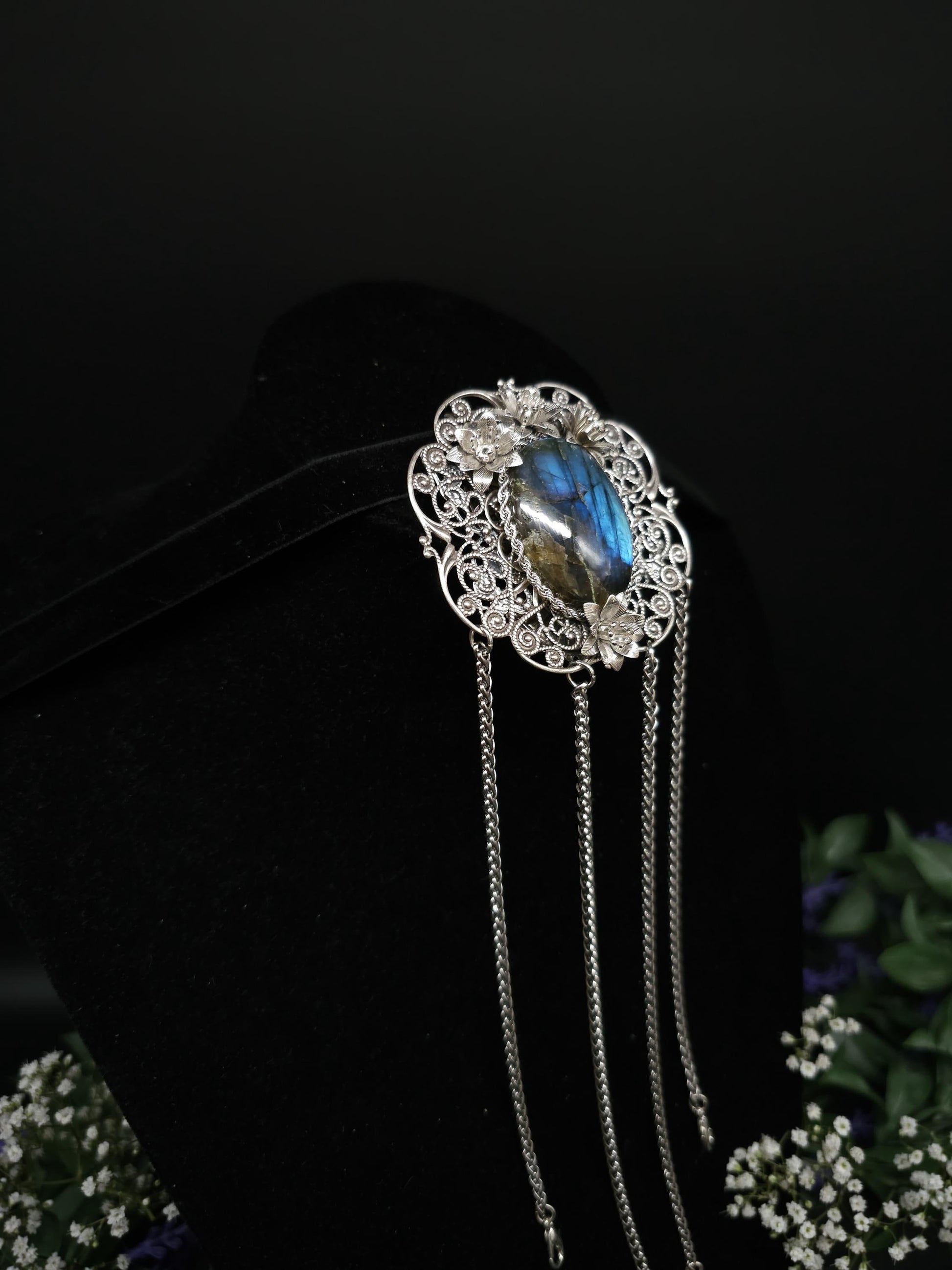 Art Nouveau Labradorite Chatelaine: Rhodium Rock Clip, Costume Accessory