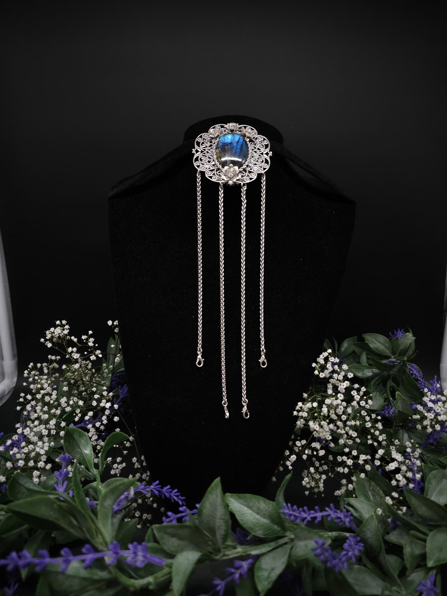 Art Nouveau Labradorite Chatelaine: Rhodium Rock Clip, Costume Accessory