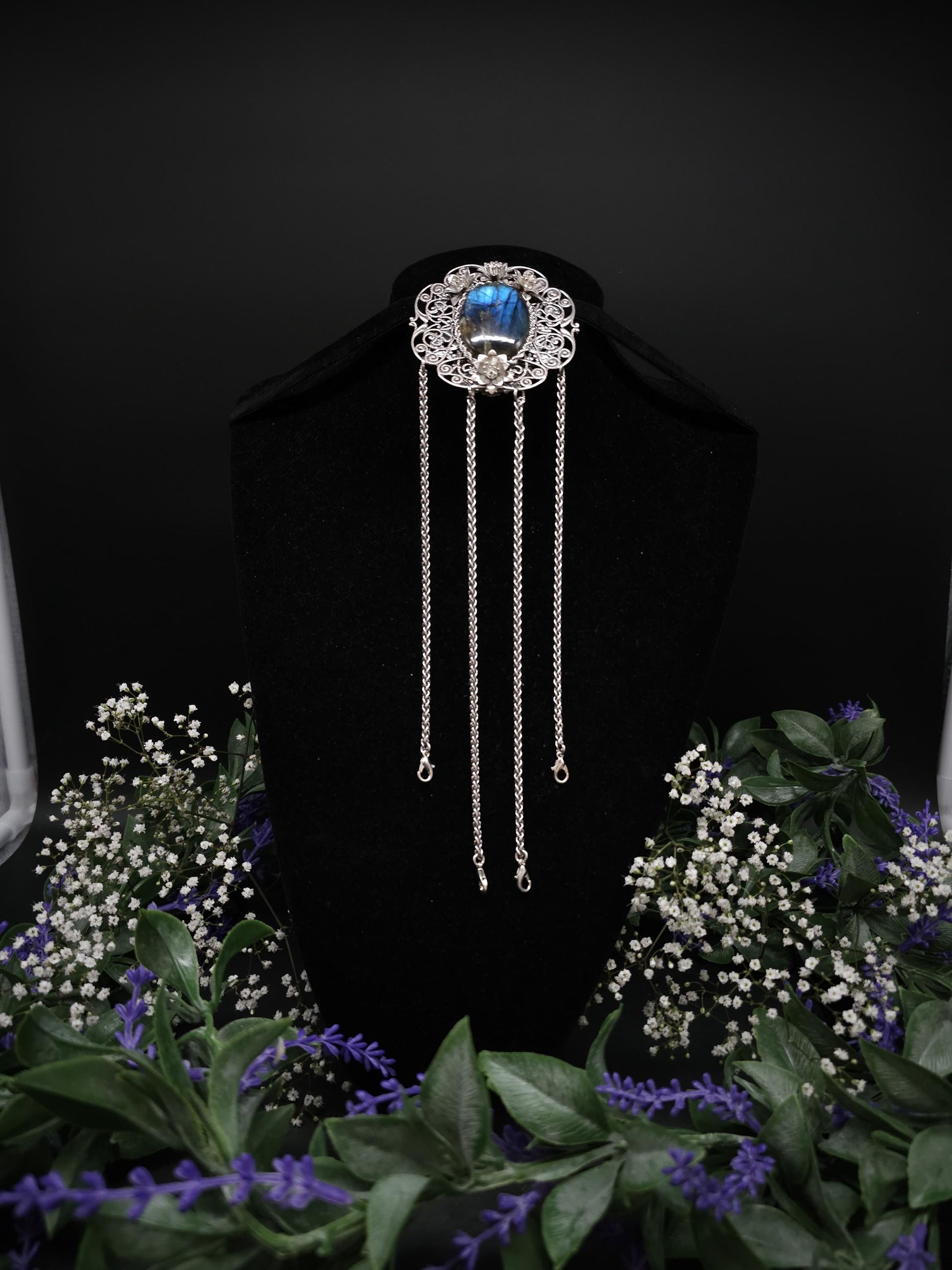 Art Nouveau Labradorite Chatelaine: Rhodium Rock Clip, Costume Accessory