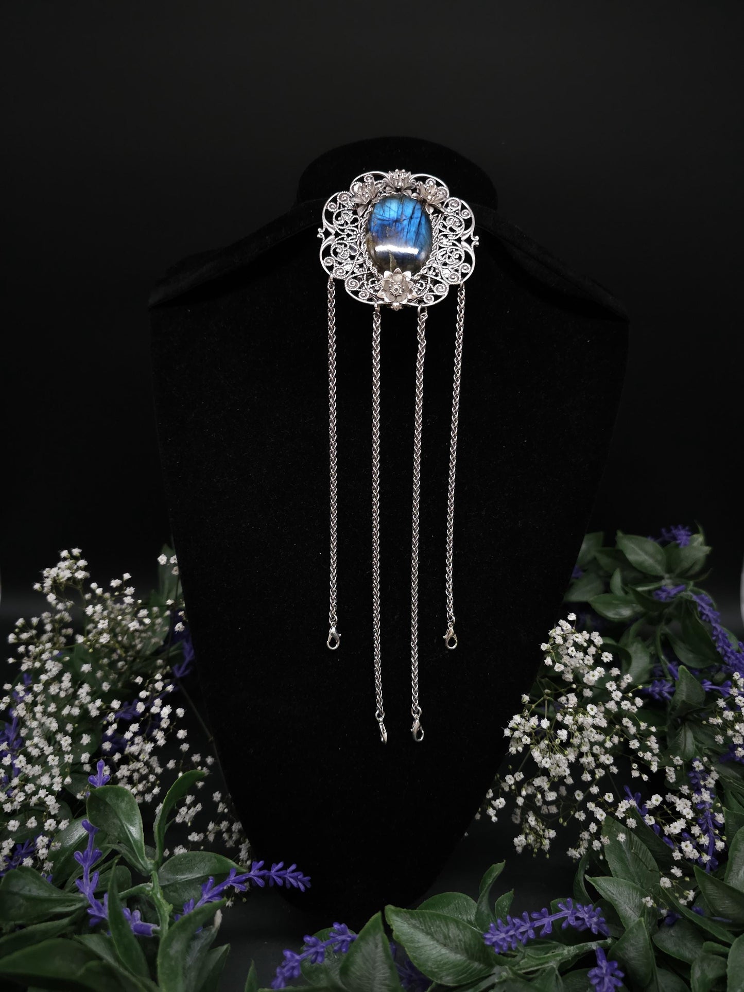 Art Nouveau Labradorite Chatelaine: Rhodium Rock Clip, Costume Accessory