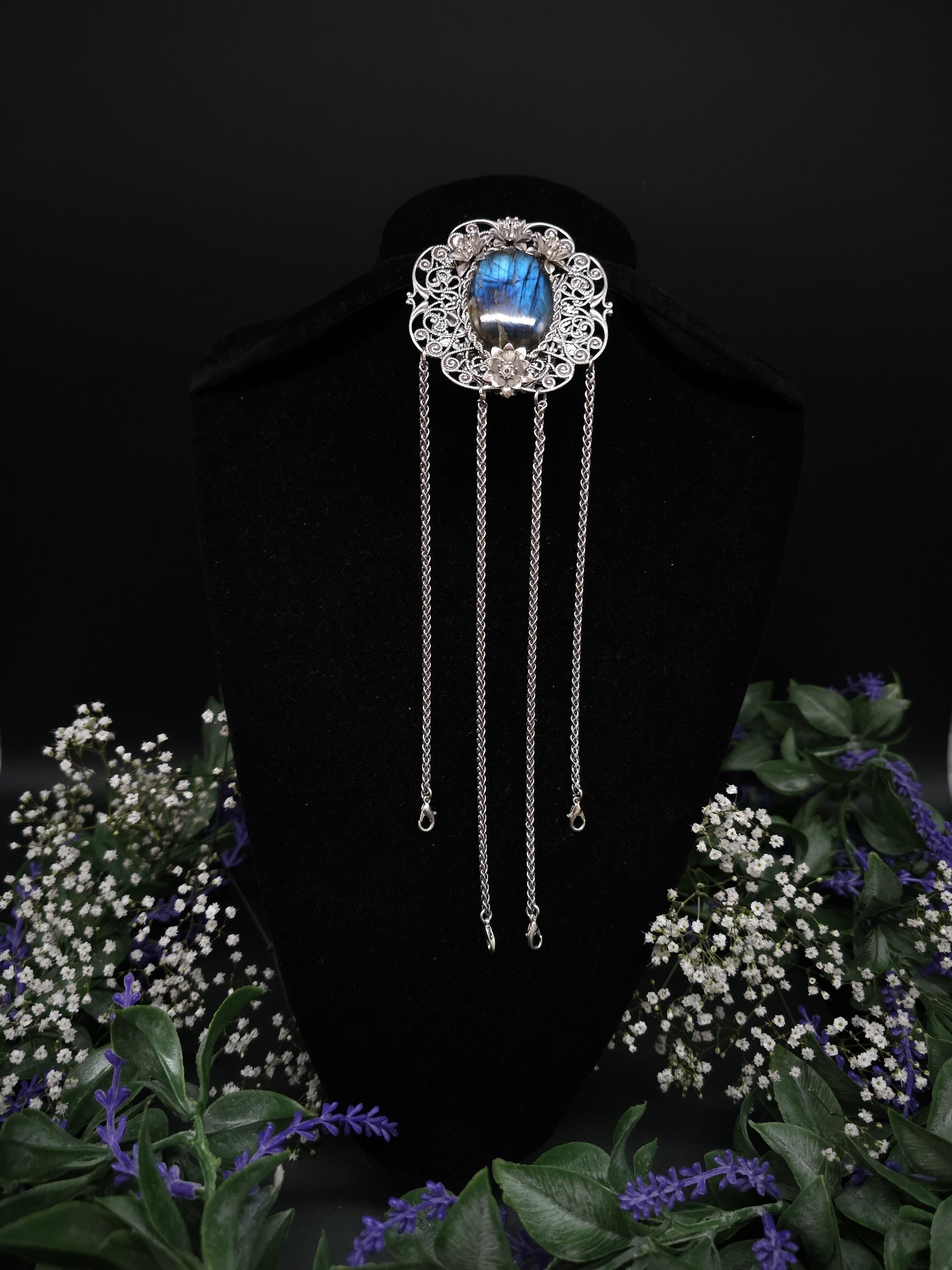 Art Nouveau Labradorite Chatelaine: Rhodium Rock Clip, Costume Accessory