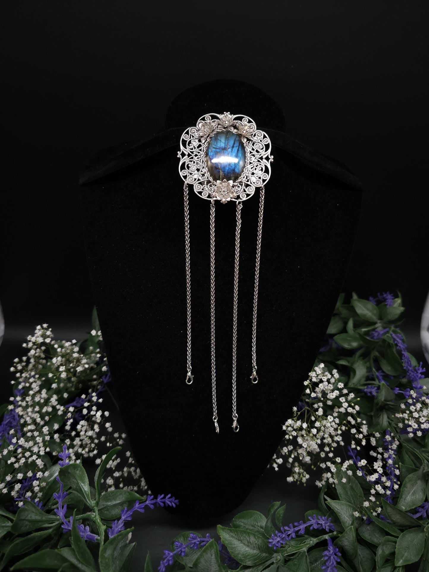 Art Nouveau Labradorite Chatelaine: Rhodium Rock Clip, Costume Accessory