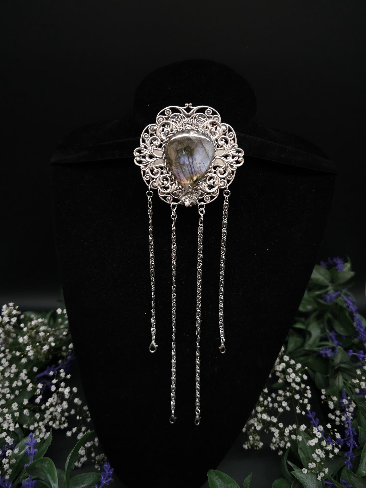 Art Nouveau Chatelaine Clip: Labradorite Stone, Costume Accessory