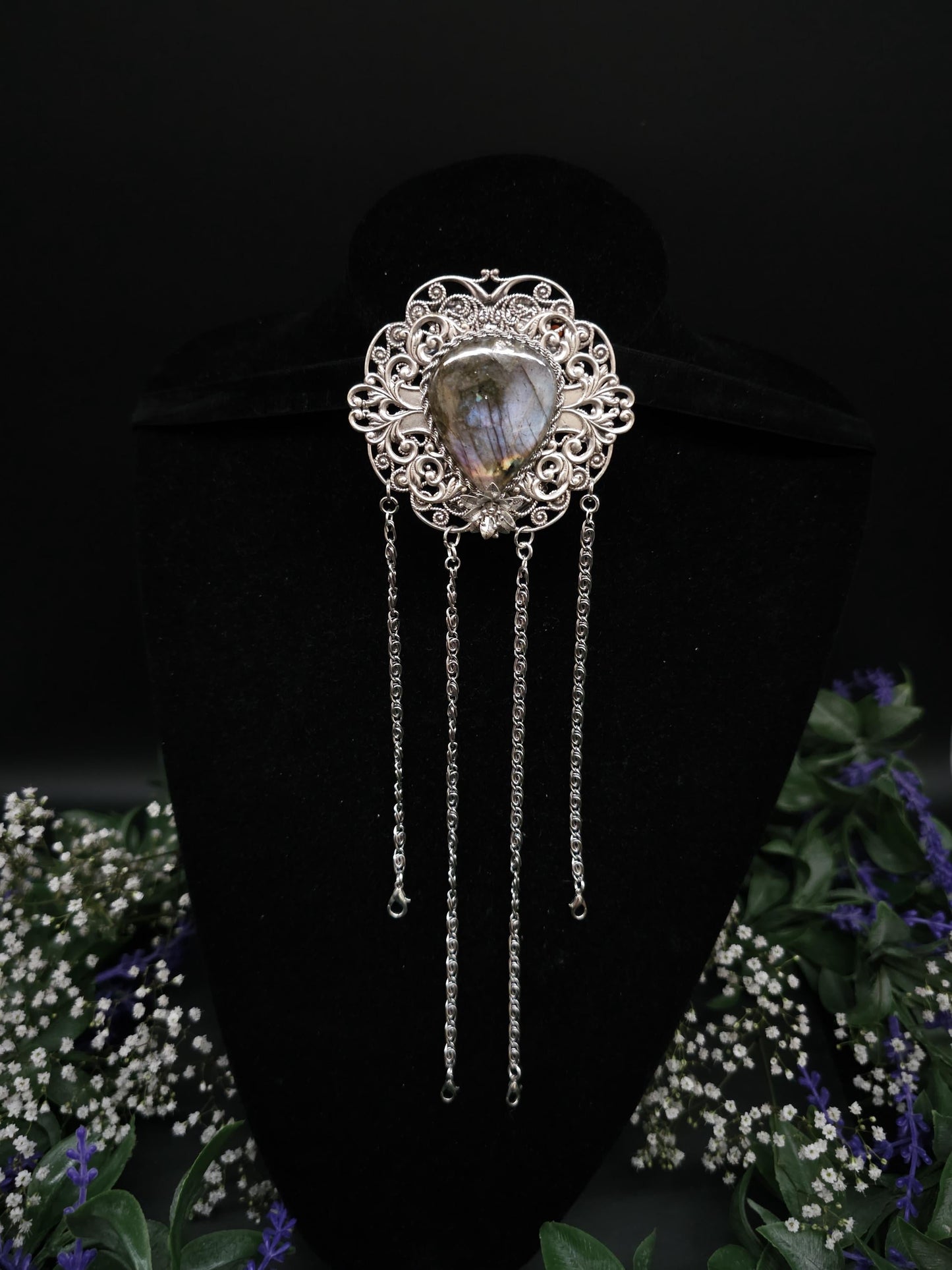Art Nouveau Chatelaine Clip: Labradorite Stone, Costume Accessory