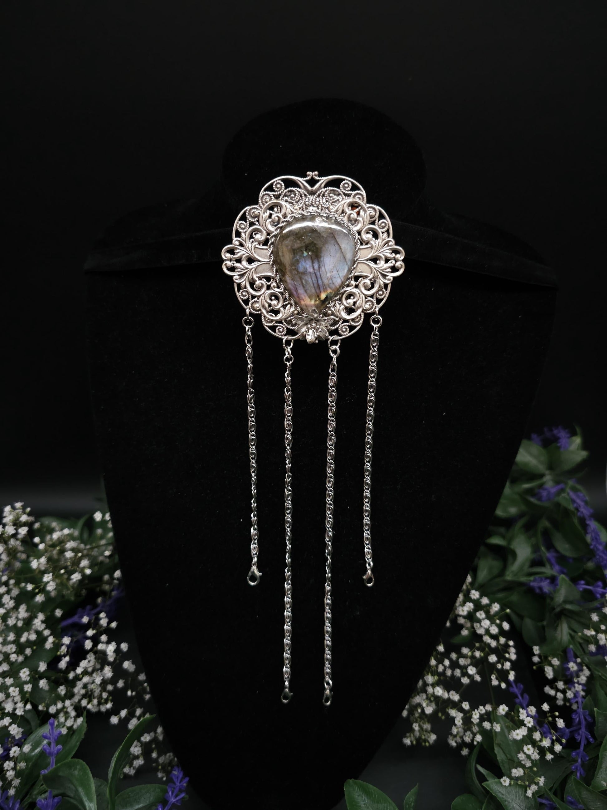 Art Nouveau Chatelaine Clip: Labradorite Stone, Costume Accessory