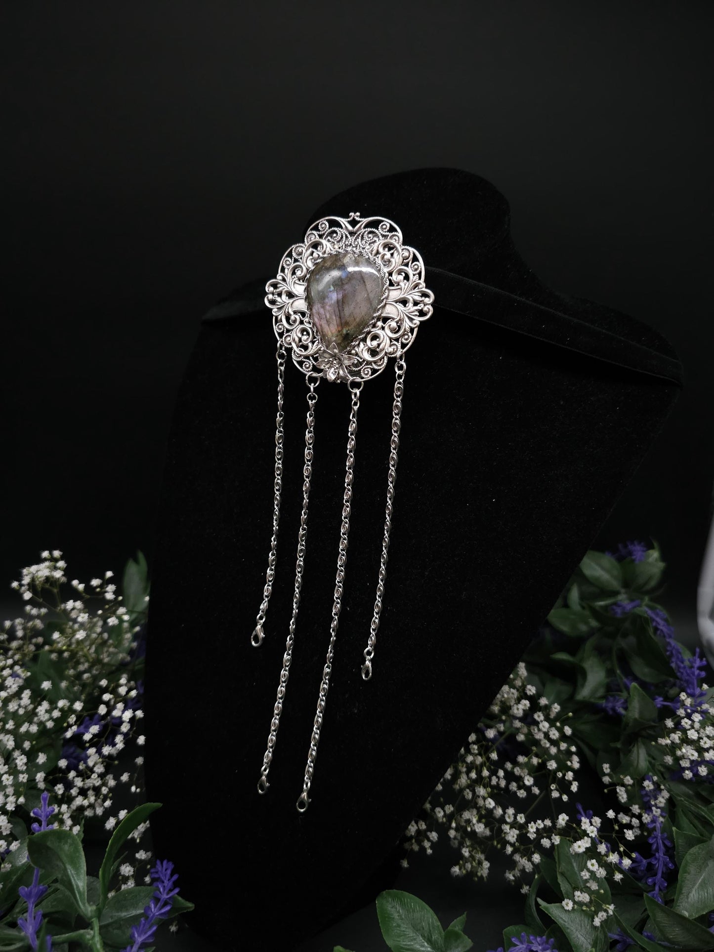 Art Nouveau Chatelaine Clip: Labradorite Stone, Costume Accessory