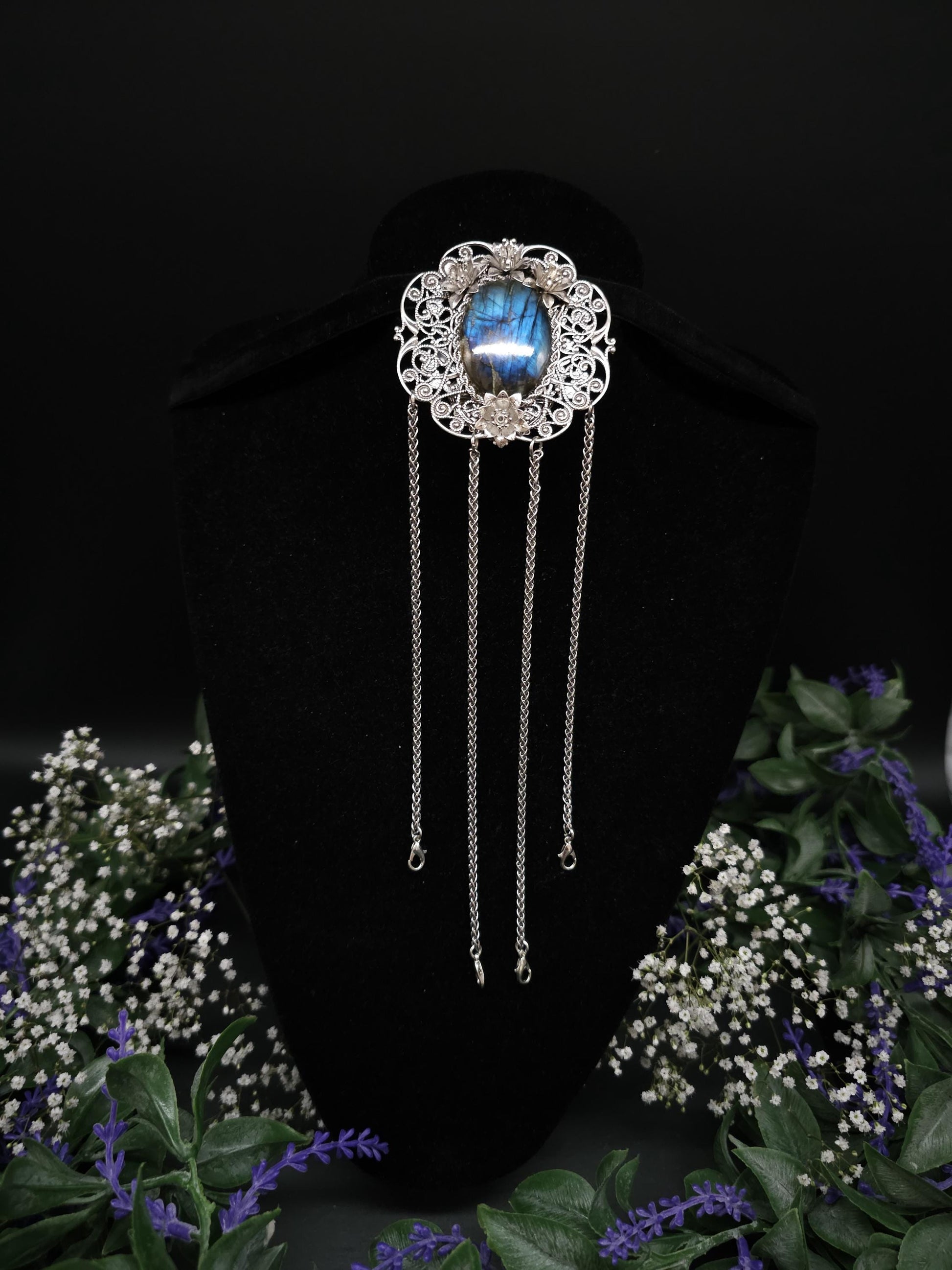 Art Nouveau Labradorite Chatelaine: Rhodium Rock Clip, Costume Accessory