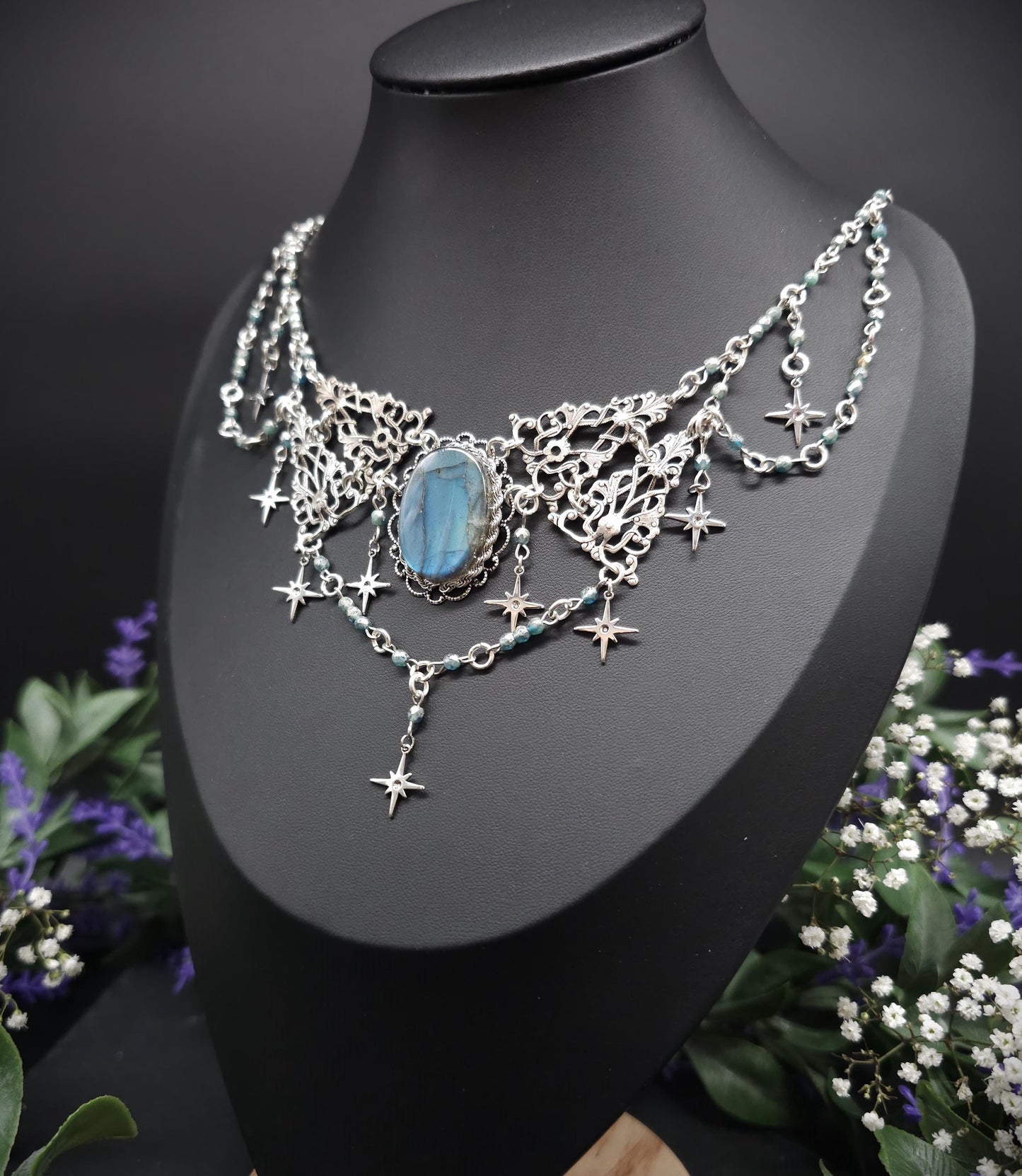 Art Nouveau Collier mit türkisblauem Labradorit - Fantasy Halskette - Braut / Hochzeits-Schmuck