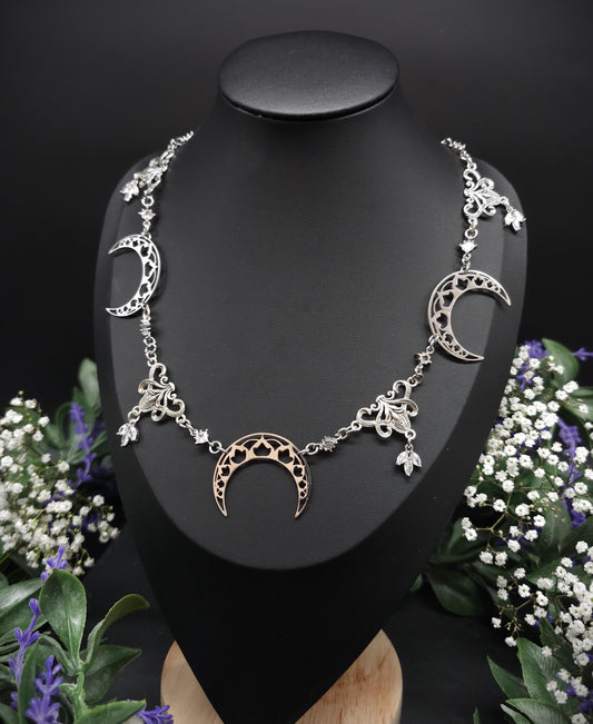 Edelstahl Mond Collier mit Zirkonia – Größenverstellbare Jugendstil Halskette, Fantasy & mystischer Schmuck