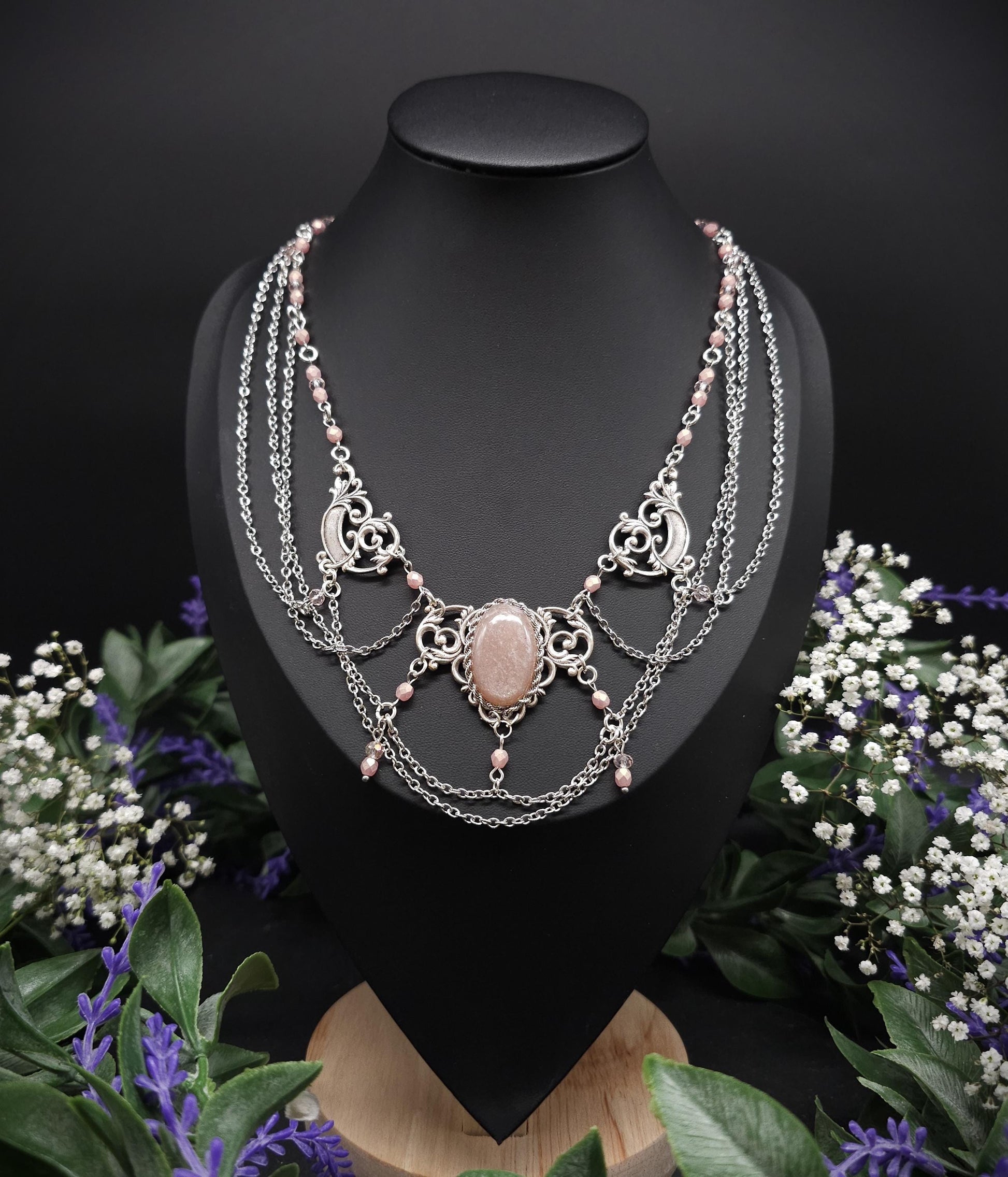 Pfirsich Mondstein Collier - tschechische facettierte Perlen – Art Nouveau Halskette, Größenverstellbarer Jugendstil Schmuck