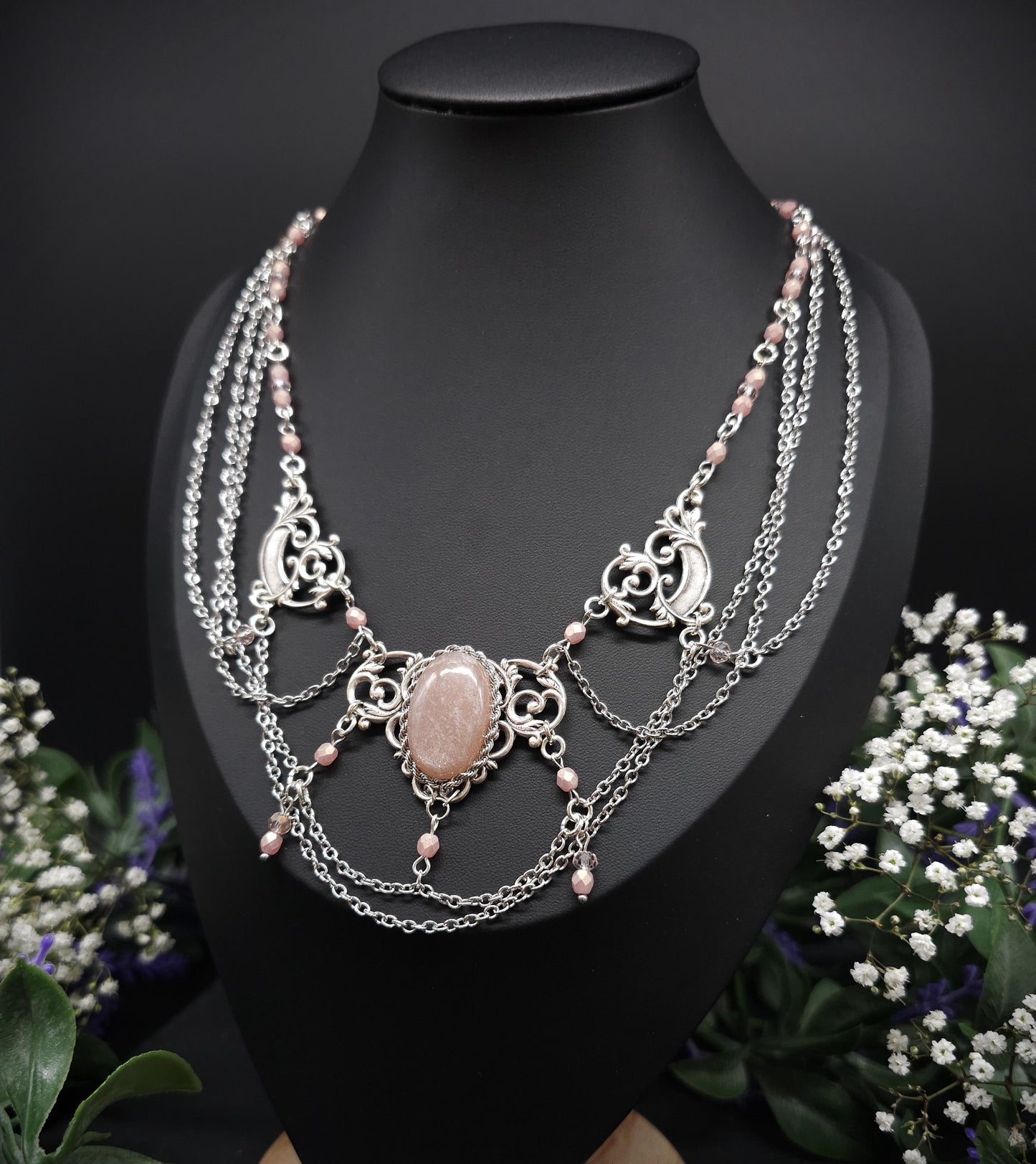 Pfirsich Mondstein Collier - tschechische facettierte Perlen – Art Nouveau Halskette, Größenverstellbarer Jugendstil Schmuck