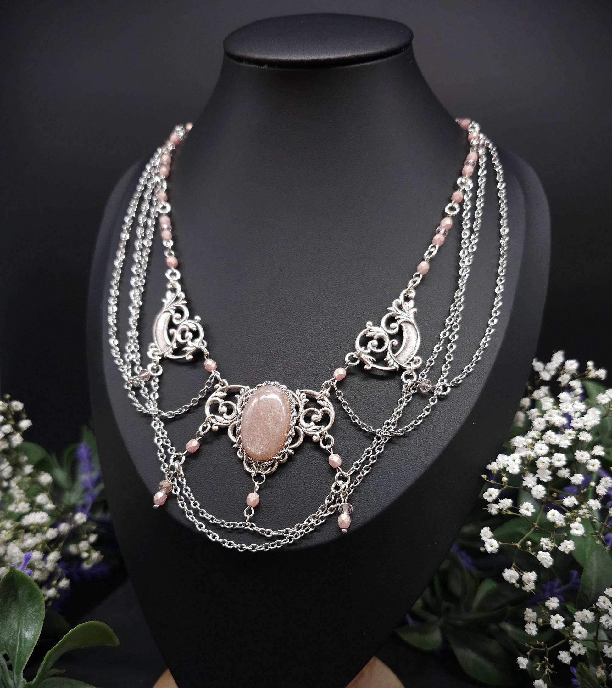 Pfirsich Mondstein Collier - tschechische facettierte Perlen – Art Nouveau Halskette, Größenverstellbarer Jugendstil Schmuck