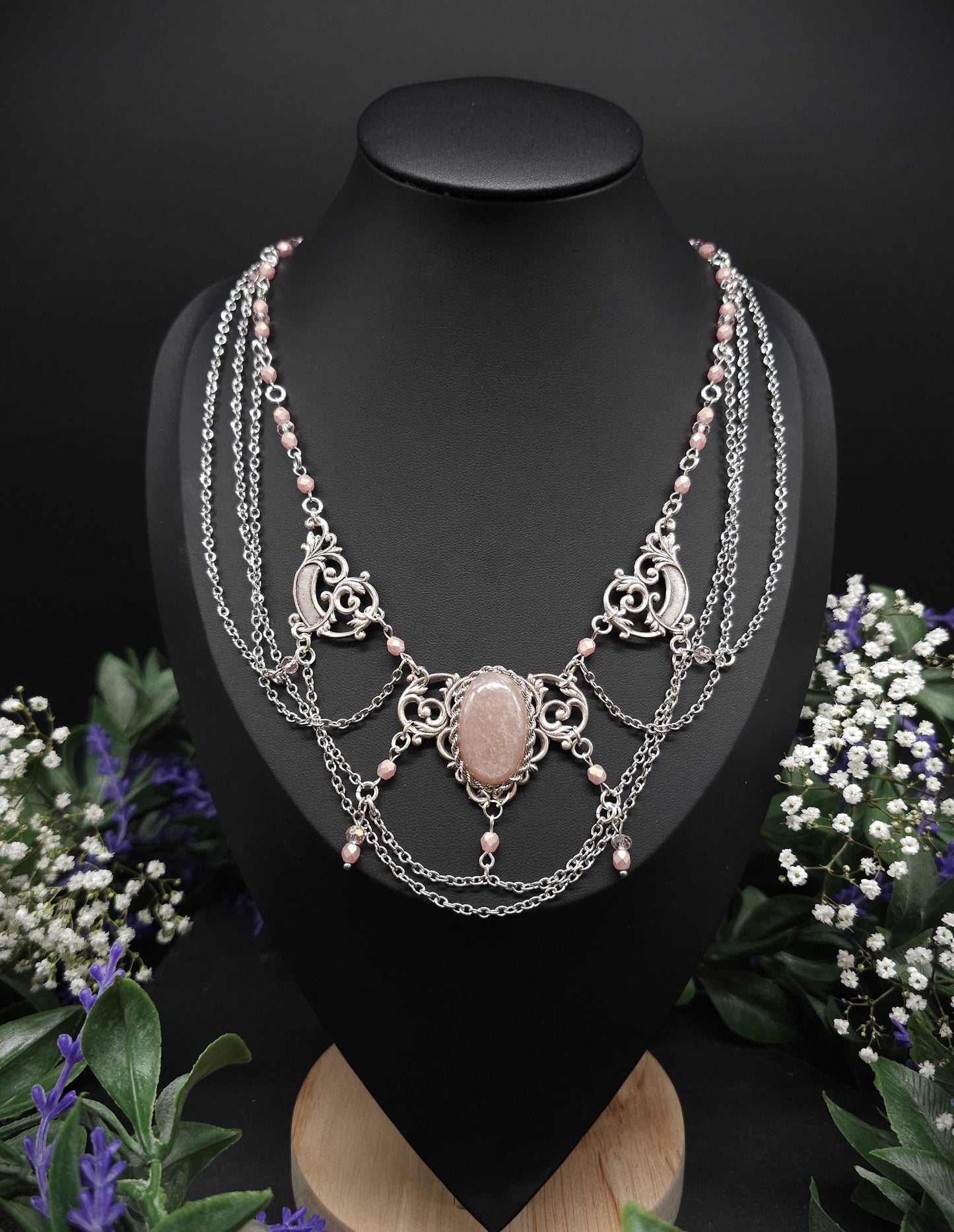 Pfirsich Mondstein Collier - tschechische facettierte Perlen – Art Nouveau Halskette, Größenverstellbarer Jugendstil Schmuck