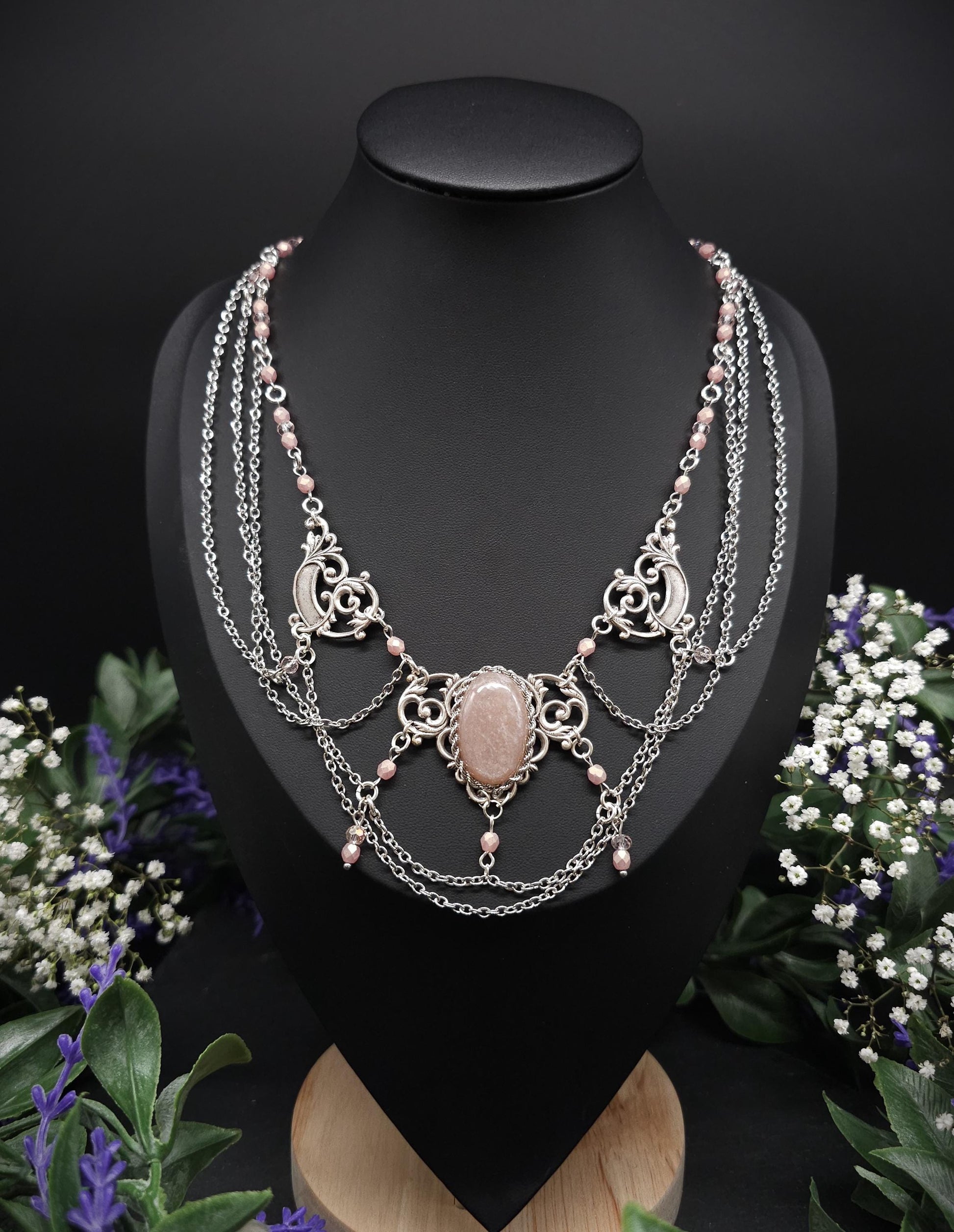 Pfirsich Mondstein Collier - tschechische facettierte Perlen – Art Nouveau Halskette, Größenverstellbarer Jugendstil Schmuck