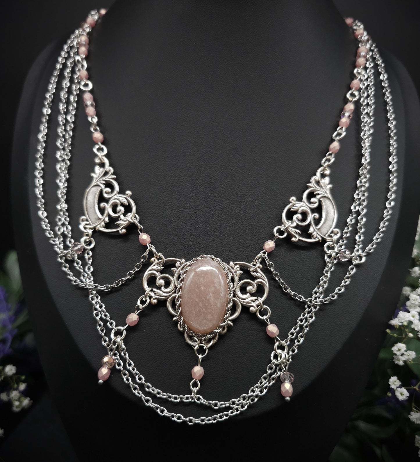 Pfirsich Mondstein Collier - tschechische facettierte Perlen – Art Nouveau Halskette, Größenverstellbarer Jugendstil Schmuck