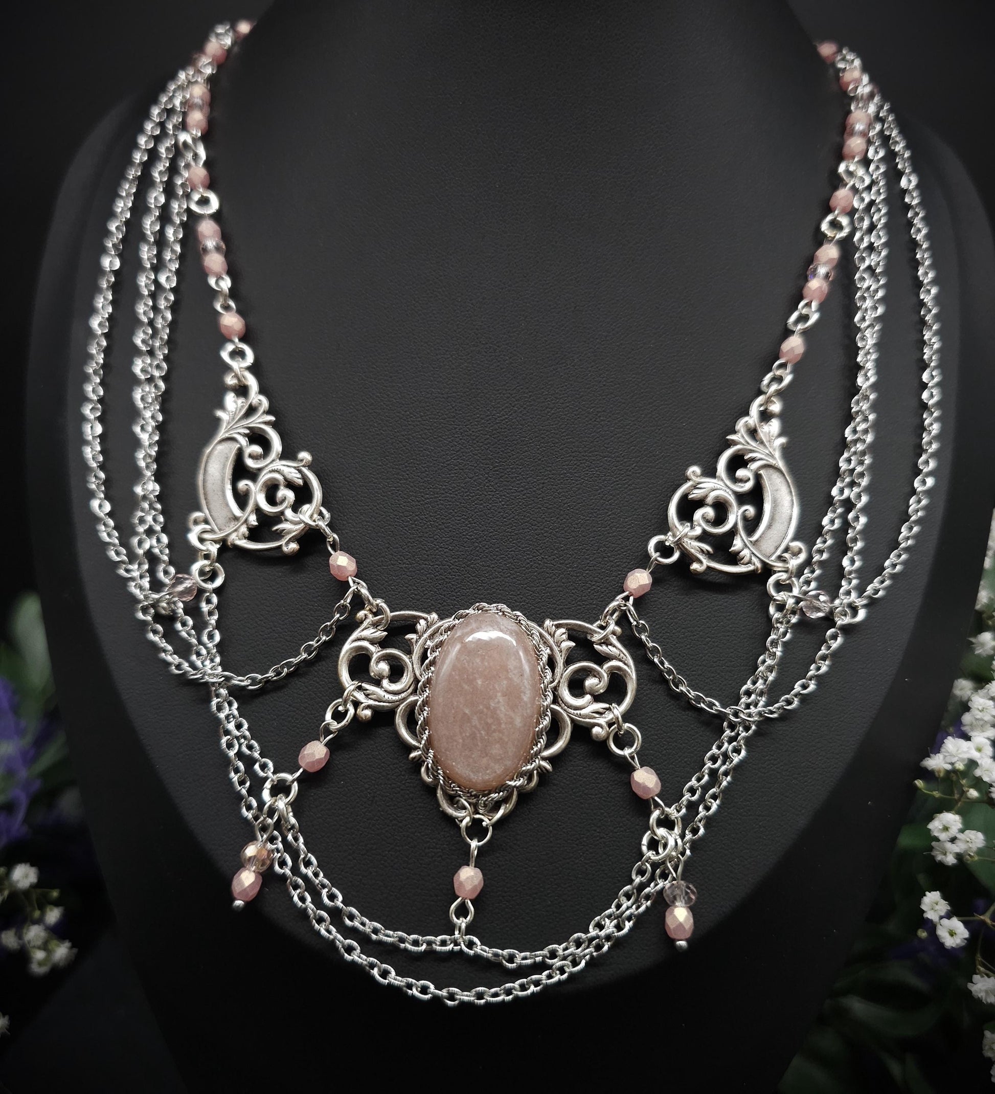 Pfirsich Mondstein Collier - tschechische facettierte Perlen – Art Nouveau Halskette, Größenverstellbarer Jugendstil Schmuck