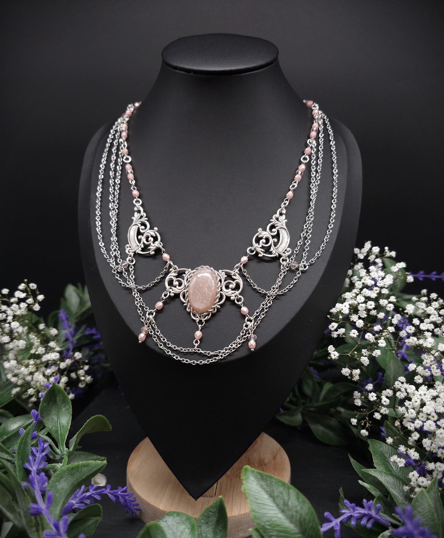 Pfirsich Mondstein Collier - tschechische facettierte Perlen – Art Nouveau Halskette, Größenverstellbarer Jugendstil Schmuck