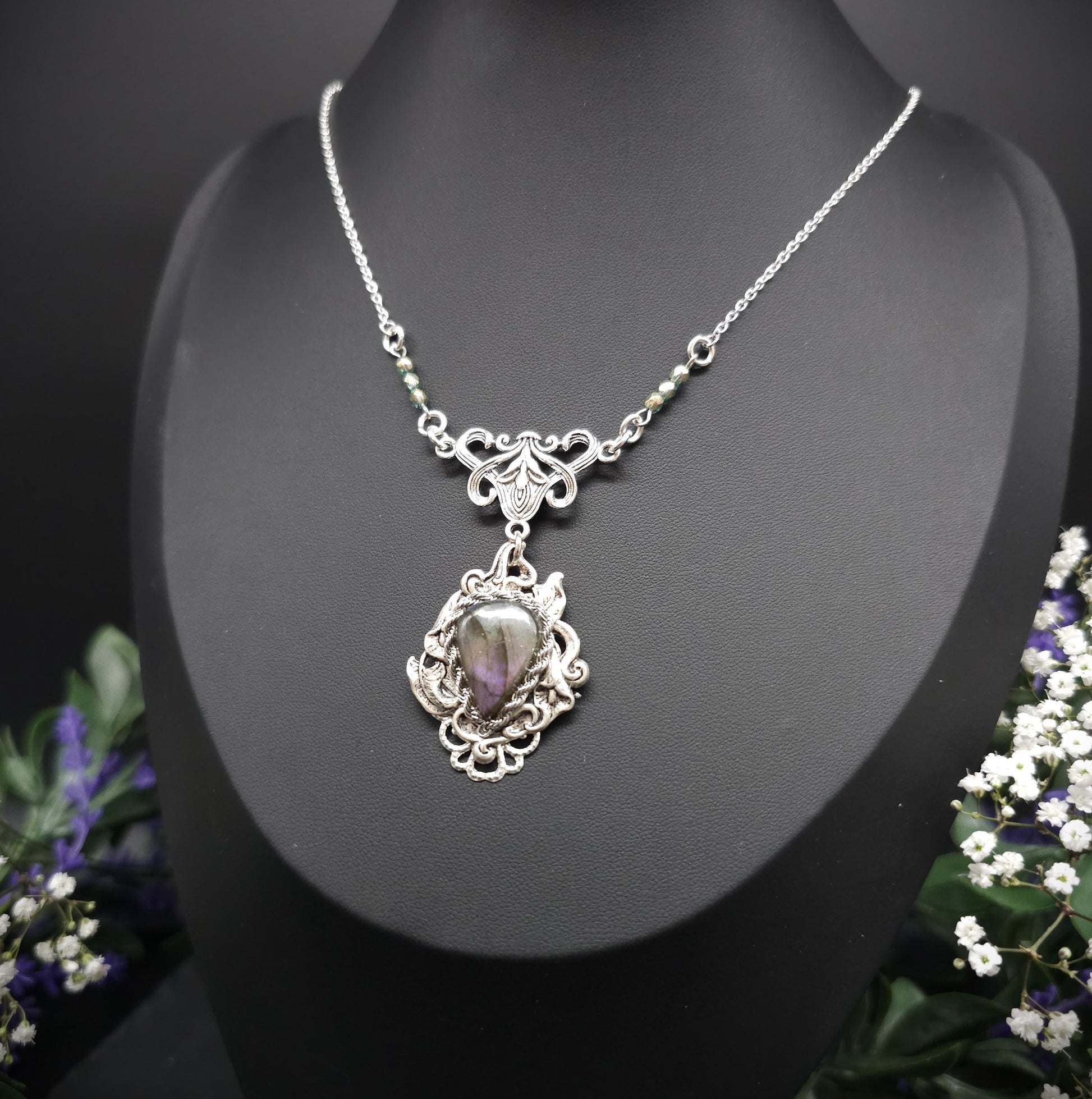 Sterling Silber Art Nouveau Labradorite Halskette ~ Fantasy Collier ~ Gothic Wicca Schmuck