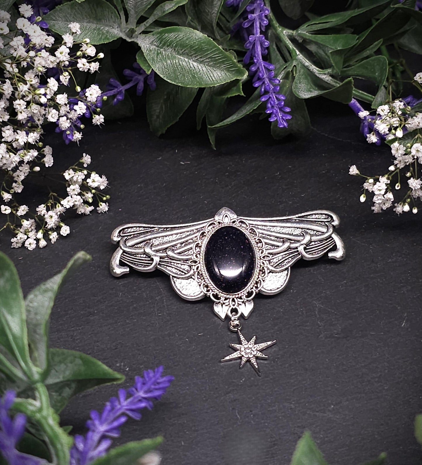 Silberne Jugendstil Haarspange mit Blaufluss Cabochon - Sternanhänger – Schmetterlings Vintage Design