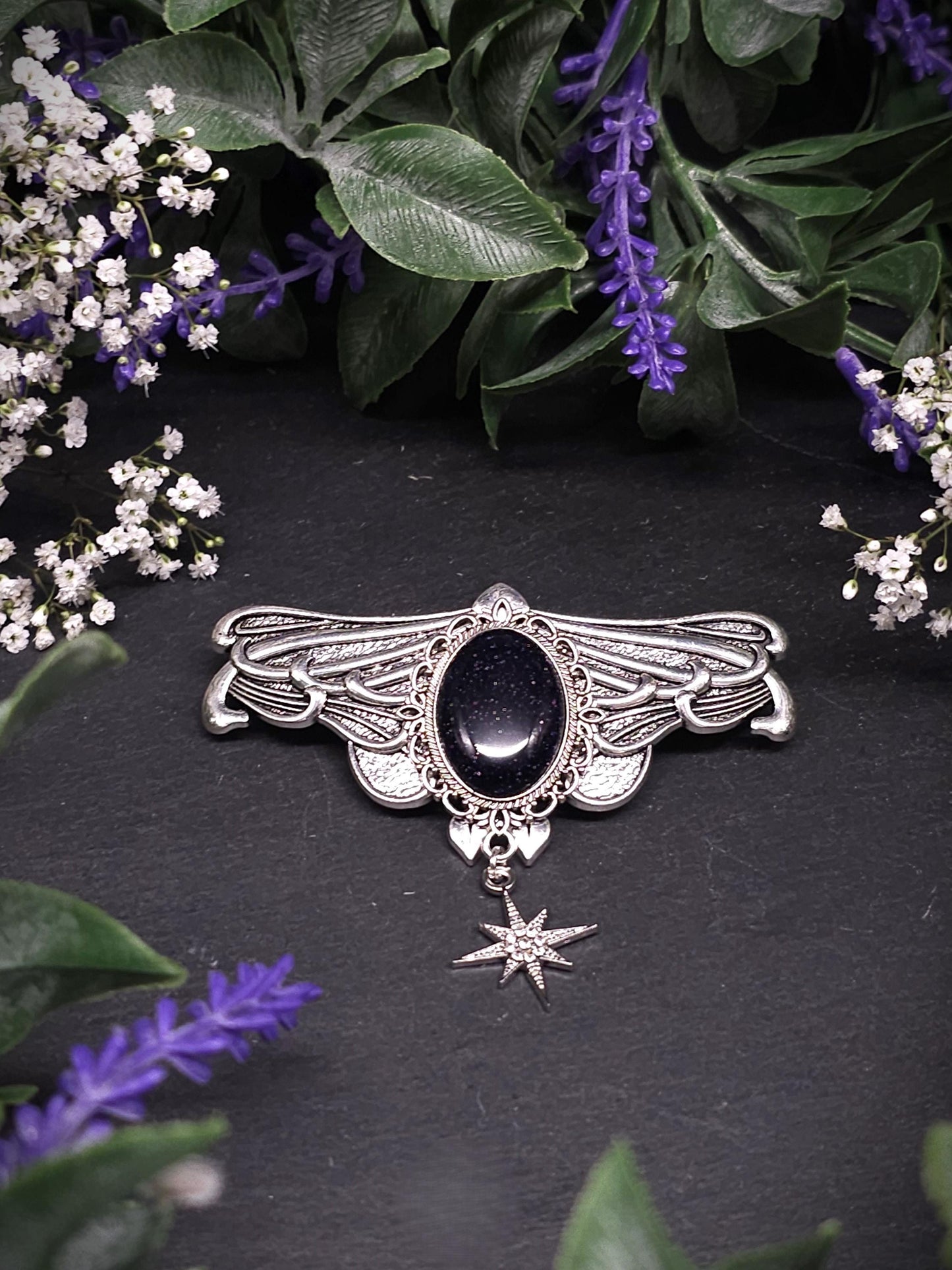 Silberne Jugendstil Haarspange mit Blaufluss Cabochon - Sternanhänger – Schmetterlings Vintage Design