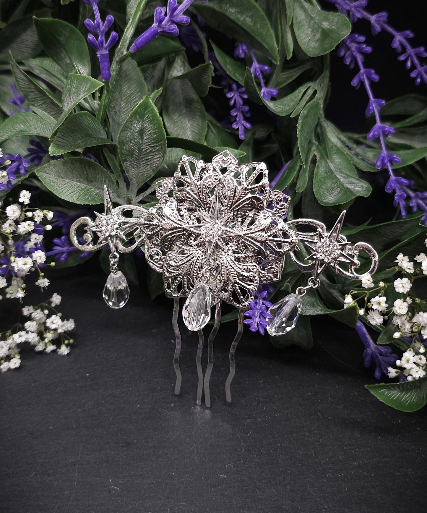 Silberner Braut-Haarkamm - mit Sternen und Kristalltropfen –Hochzeits-Haarschmuck - Fantasy Accessoire