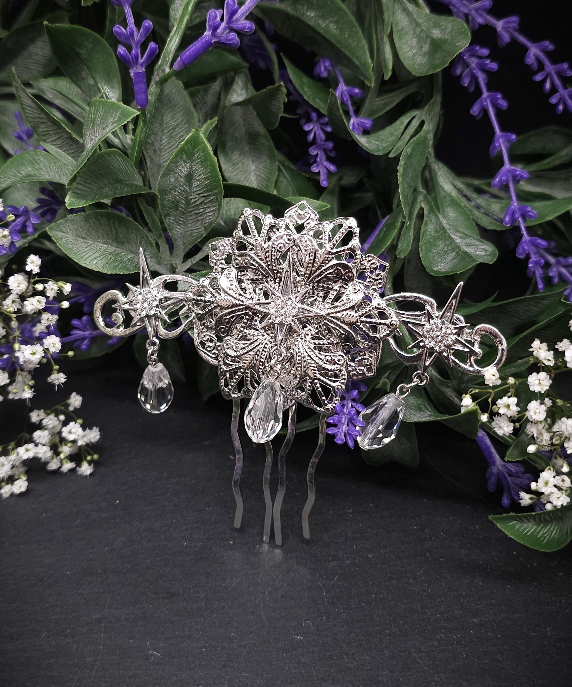 Silberner Braut-Haarkamm - mit Sternen und Kristalltropfen –Hochzeits-Haarschmuck - Fantasy Accessoire