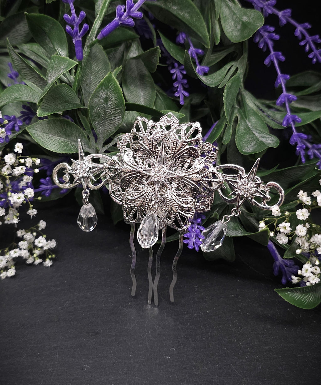 Silberner Braut-Haarkamm - mit Sternen und Kristalltropfen –Hochzeits-Haarschmuck - Fantasy Accessoire