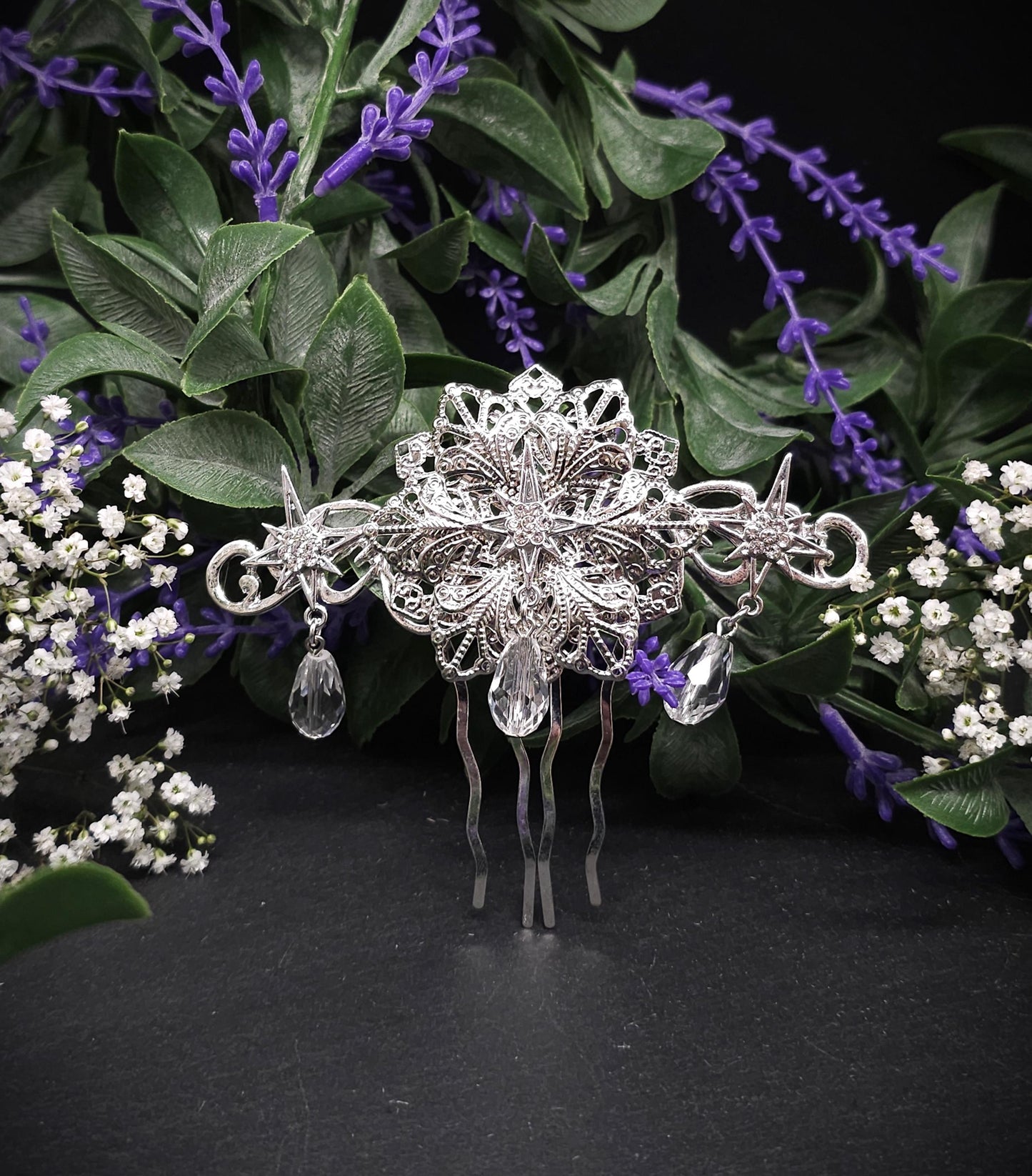 Silberner Braut-Haarkamm - mit Sternen und Kristalltropfen –Hochzeits-Haarschmuck - Fantasy Accessoire
