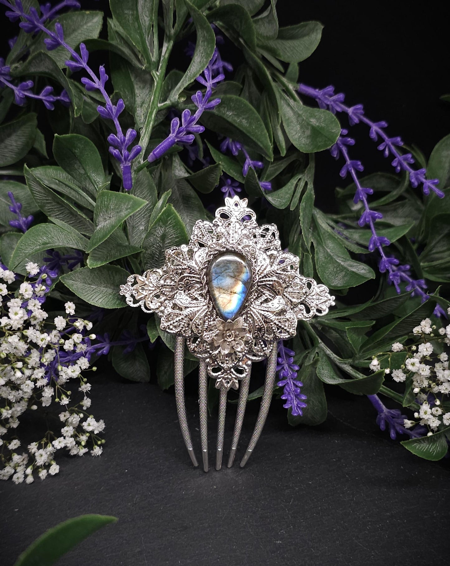 Haarkamm mit Labradorit Cabochon ~ für Brautfrisur, Mittelalter, Fantasy, Hochzeiten ~ Haarspange ~ Einzigartiger Schmuck ~ Haarnadel ~