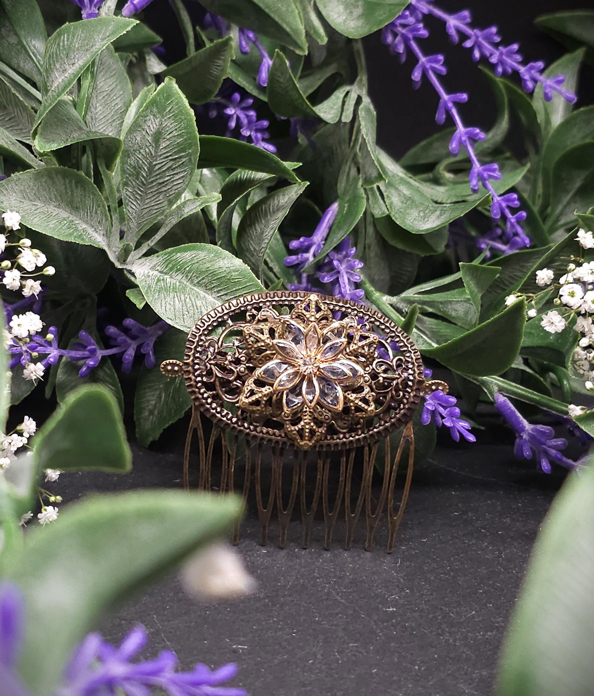Bronze Haar Kamm mit goldenen Kristallblumen ~ Filigraner Vintage Braut Haarschmuck