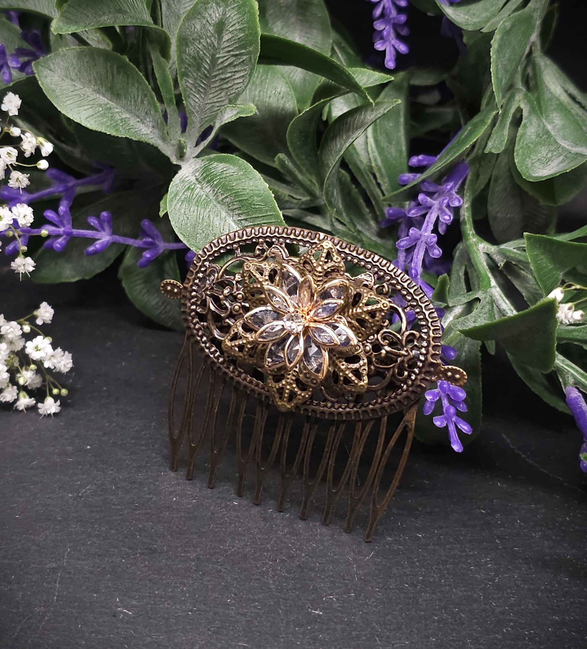 Bronze Haar Kamm mit goldenen Kristallblumen ~ Filigraner Vintage Braut Haarschmuck