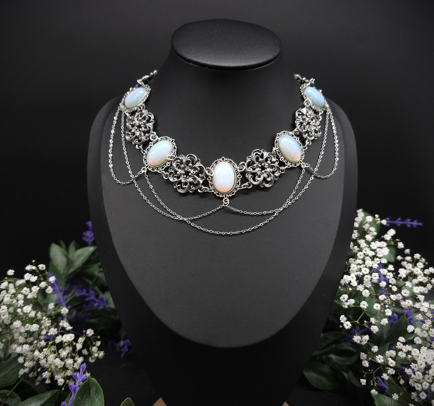 Opalith Choker Silber • Gothic Halskette • Größenverstellbarer Schmuck • 925 Silber Kette • Fantasy Schmuck • Brautschmuck