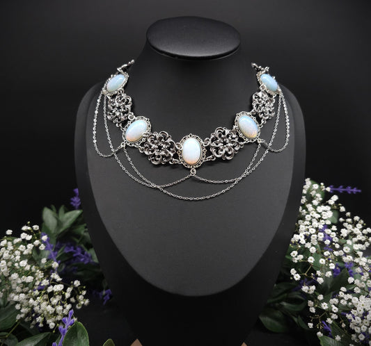 Opalith Choker Silber • Gothic Halskette • Größenverstellbarer Schmuck • 925 Silber Kette • Fantasy Schmuck • Brautschmuck