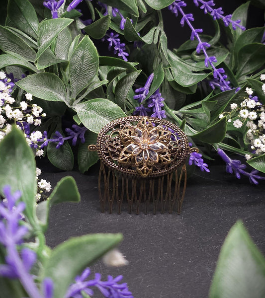 Kleiner Haarkamm in Bronze Optik ~ goldene Kristallblüte ~ filigraner Vintage Haarschmuck für Braut, LARP, Mittelalter und Gothic
