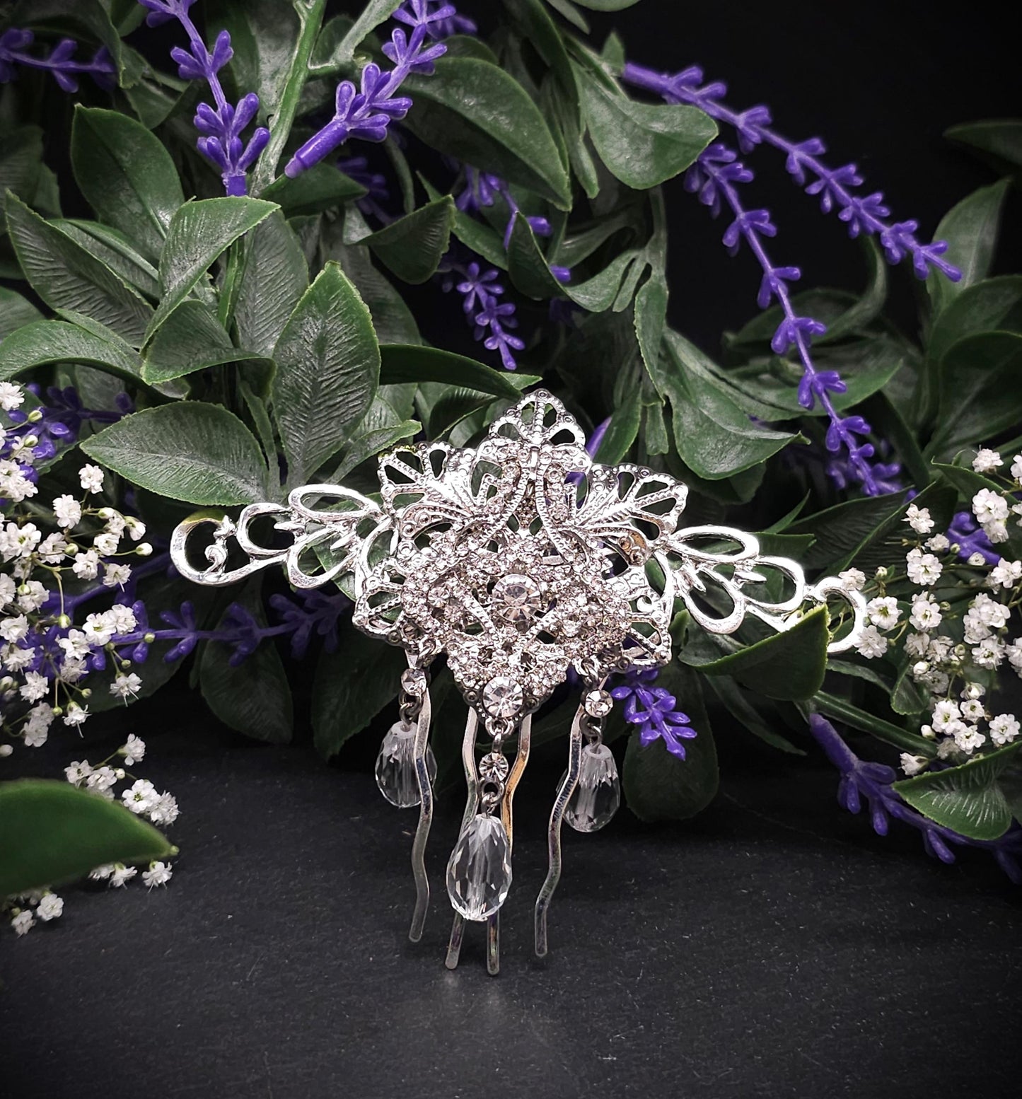 Silberner Haarkamm mit Strass-Elementen ~ Klare Glasperlen ~ Schmuck für Bräute, Hochzeiten, LARP, Gothic und Fantasy ~ Vintage Haarschmuck