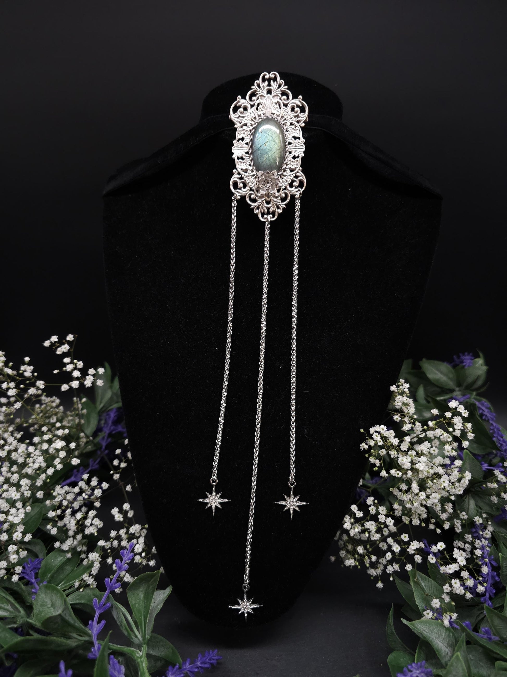 Jugendstil Brosche ~ Seltener Labradorit in Salbei türkis ~ Art Nouveau Accessoire für Schals, Tücher, Mittelalter, Gothic, Fantasy