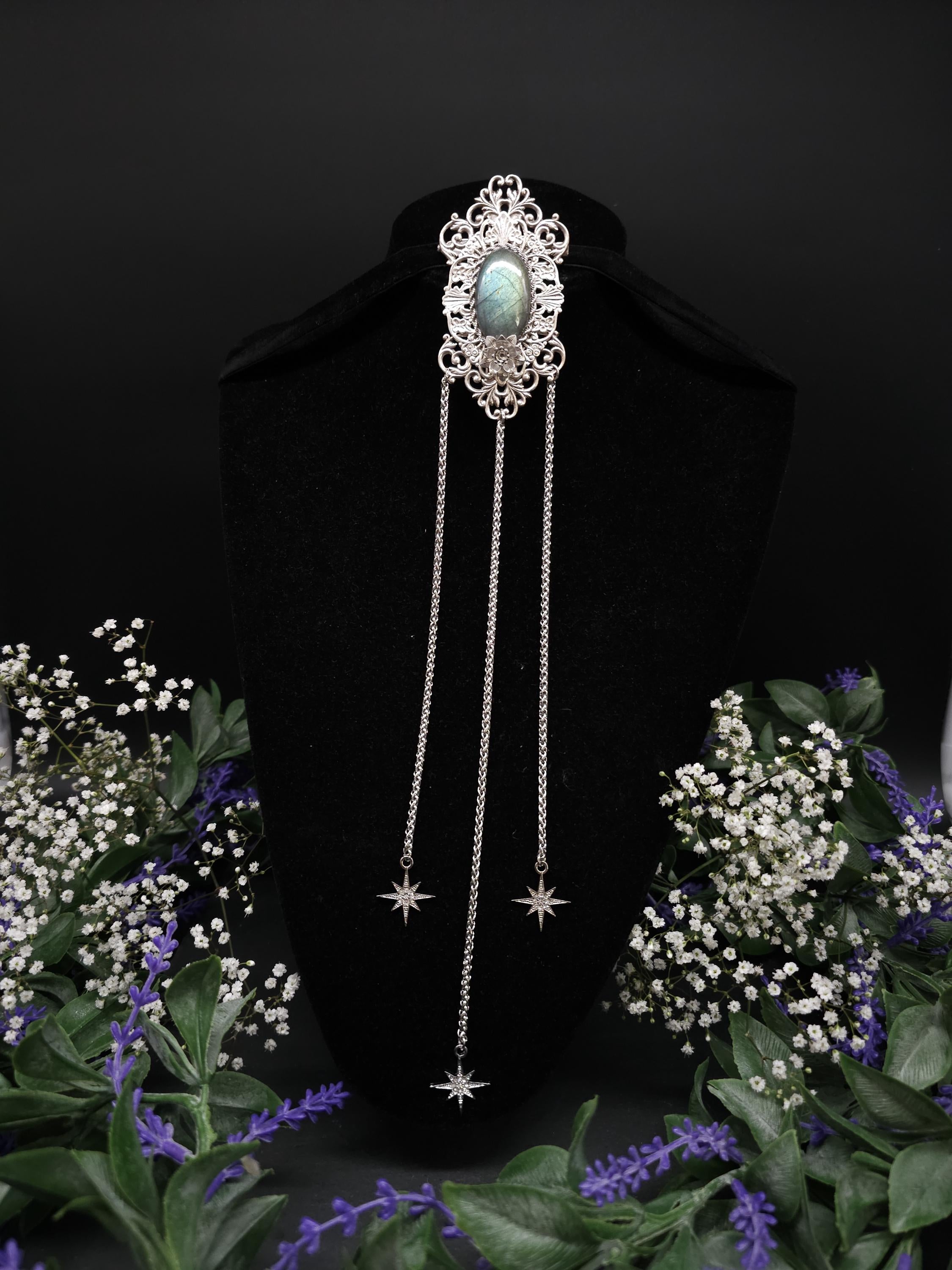 Art Nouveau Labradorite Brooch: Sage Turquoise, Gothic Fantasy Accessory