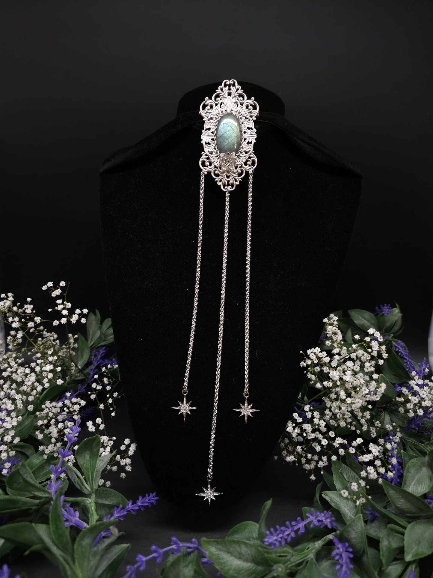 Jugendstil Brosche ~ Seltener Labradorit in Salbei türkis ~ Art Nouveau Accessoire für Schals, Tücher, Mittelalter, Gothic, Fantasy