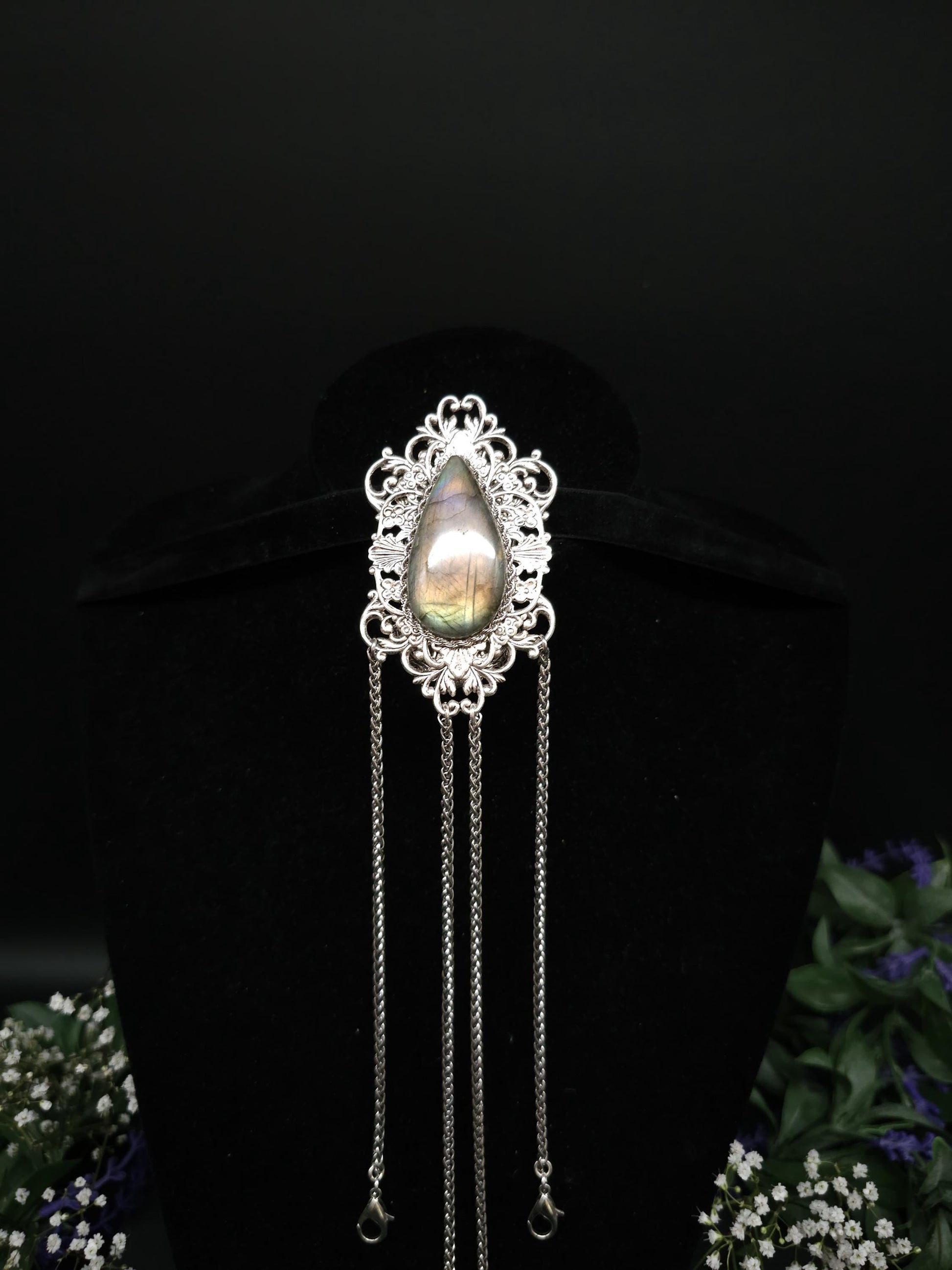 Art Nouveau Labradorite Châtelaine Clip: Handmade Costume Accessory