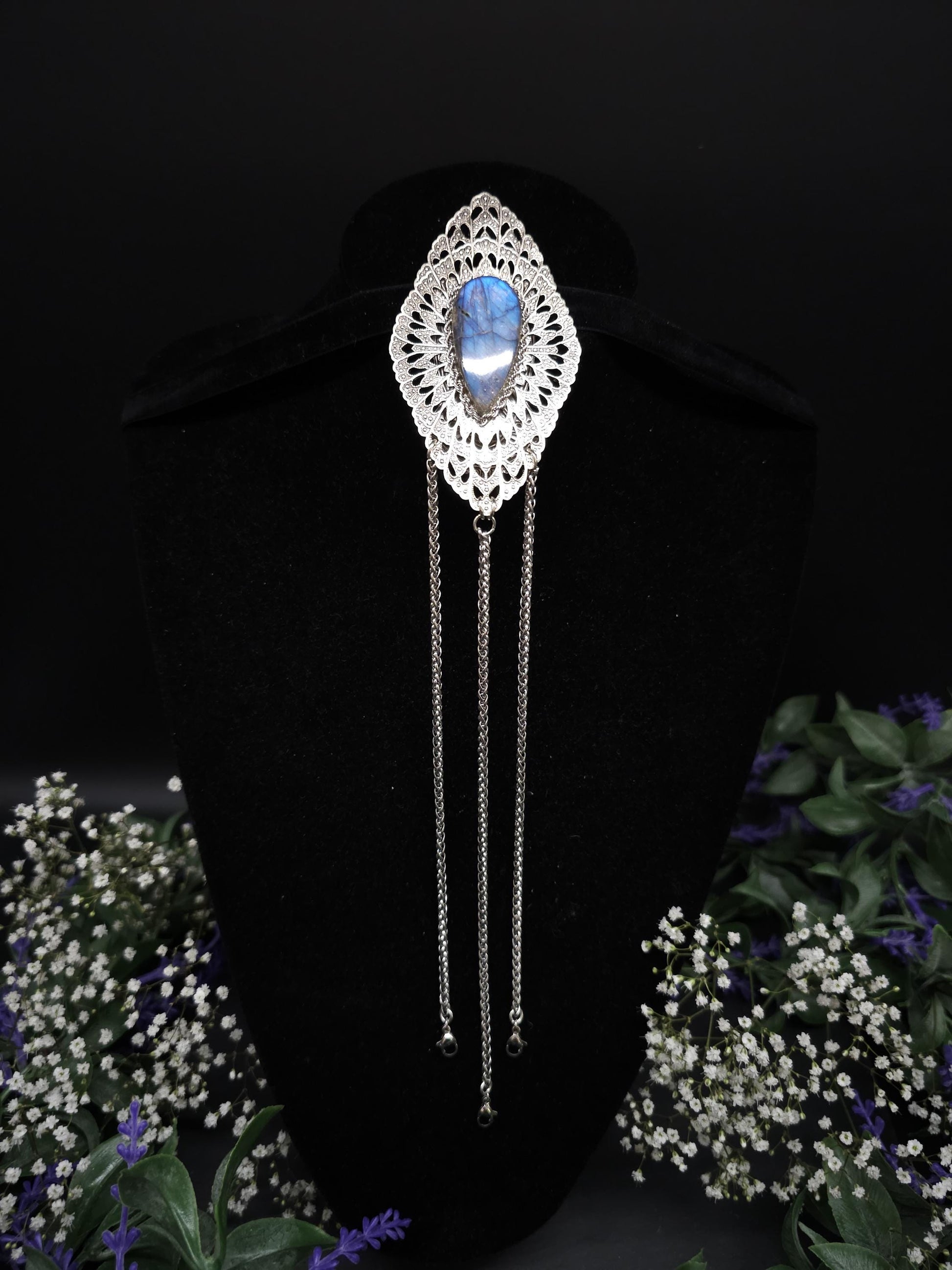 Art Nouveau Labradorite Châtelaine Clip: Rhodium-Plated Costume Accessory