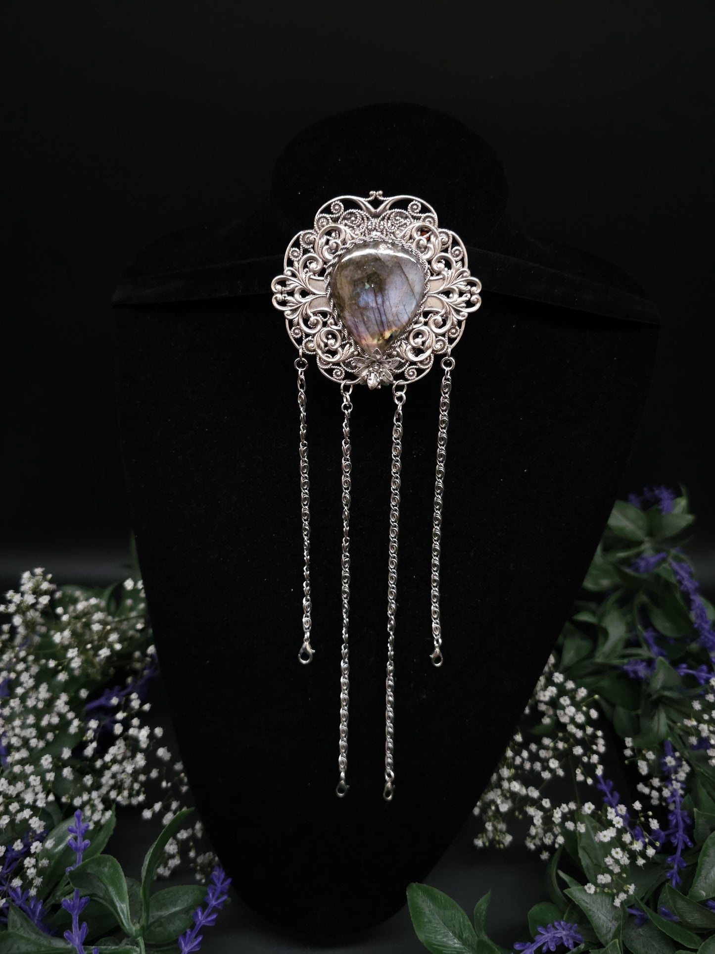 Art Nouveau Chatelaine Clip: Labradorite Stone, Costume Accessory