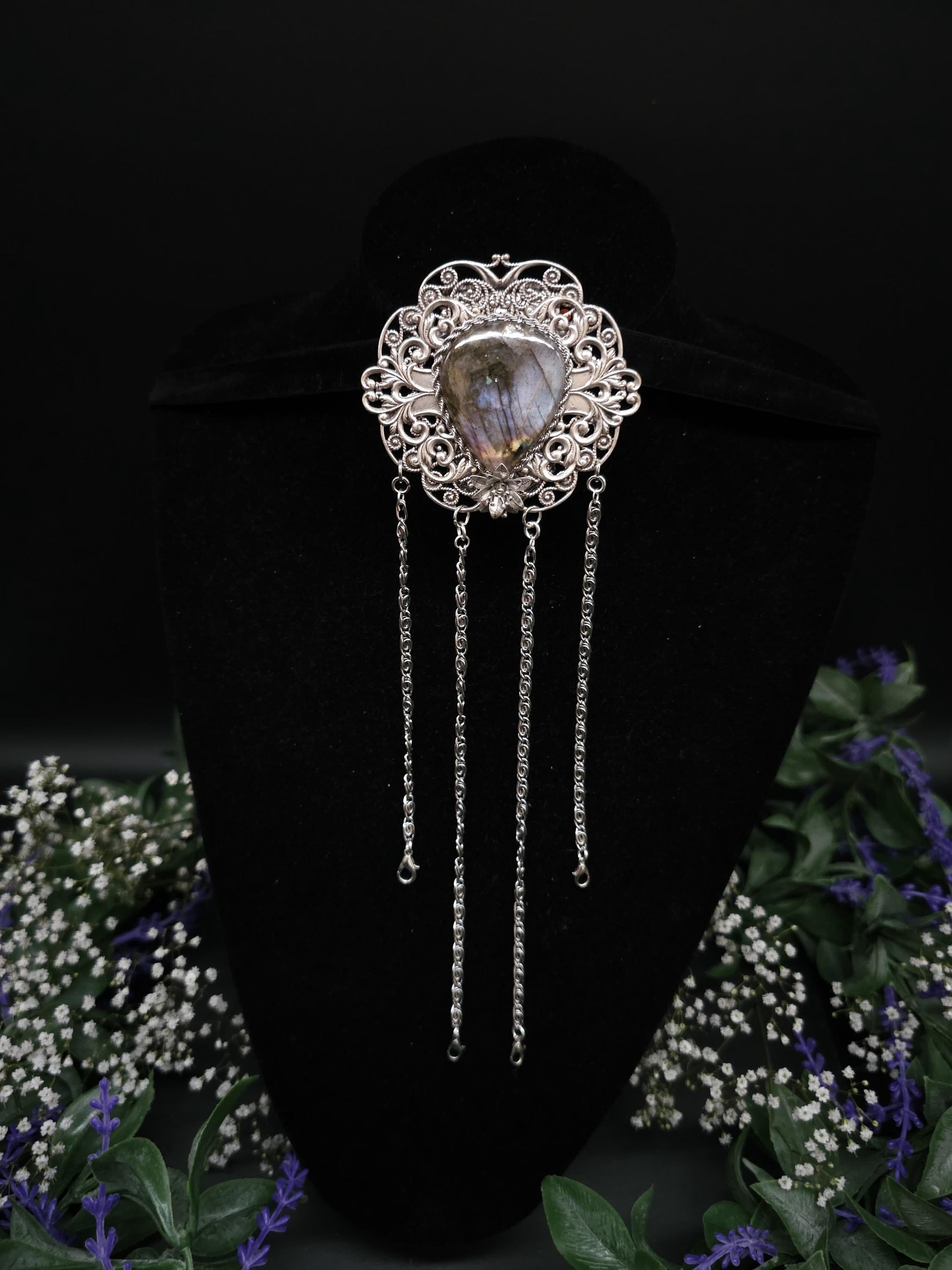 Art Nouveau Chatelaine Clip: Labradorite Stone, Costume Accessory