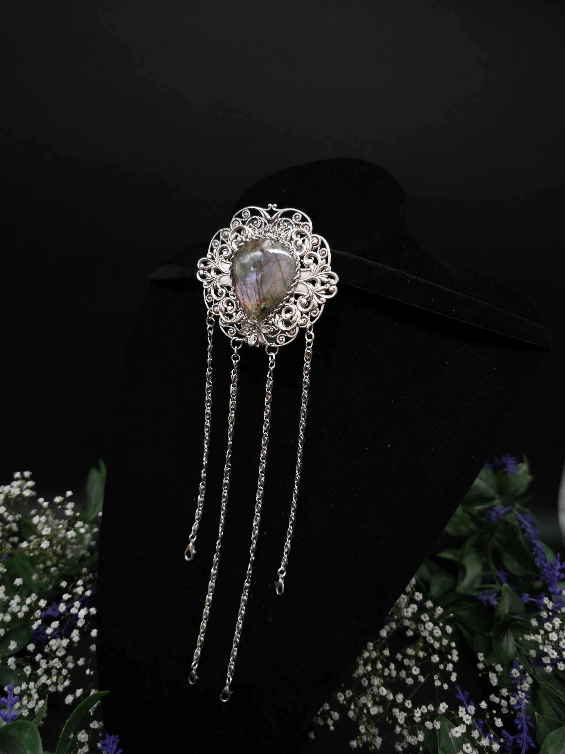 Art Nouveau Chatelaine Clip: Labradorite Stone, Costume Accessory