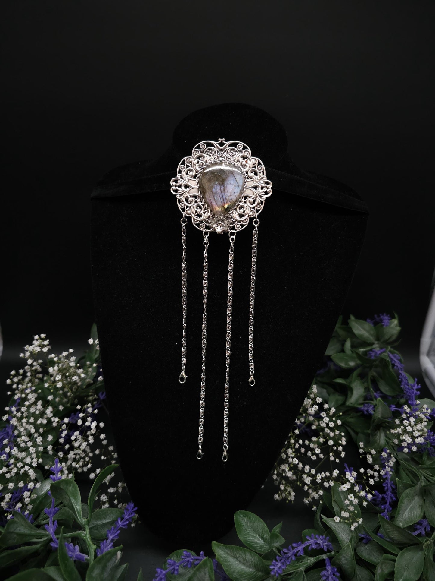 Art Nouveau Chatelaine Clip: Labradorite Stone, Costume Accessory